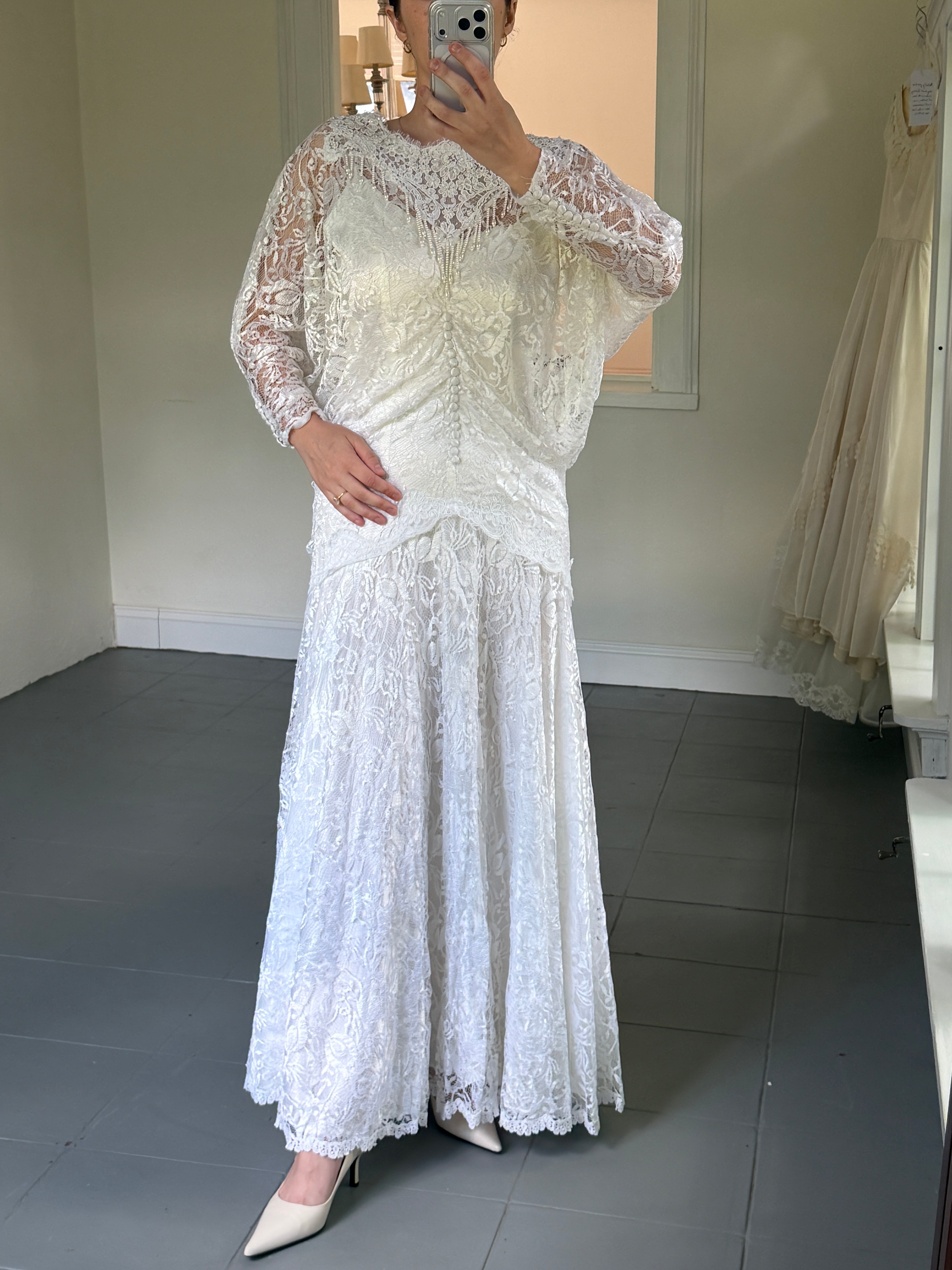 Vintage 80s Chantilly Lace Drop-Waist Dress With Pearl Fringe