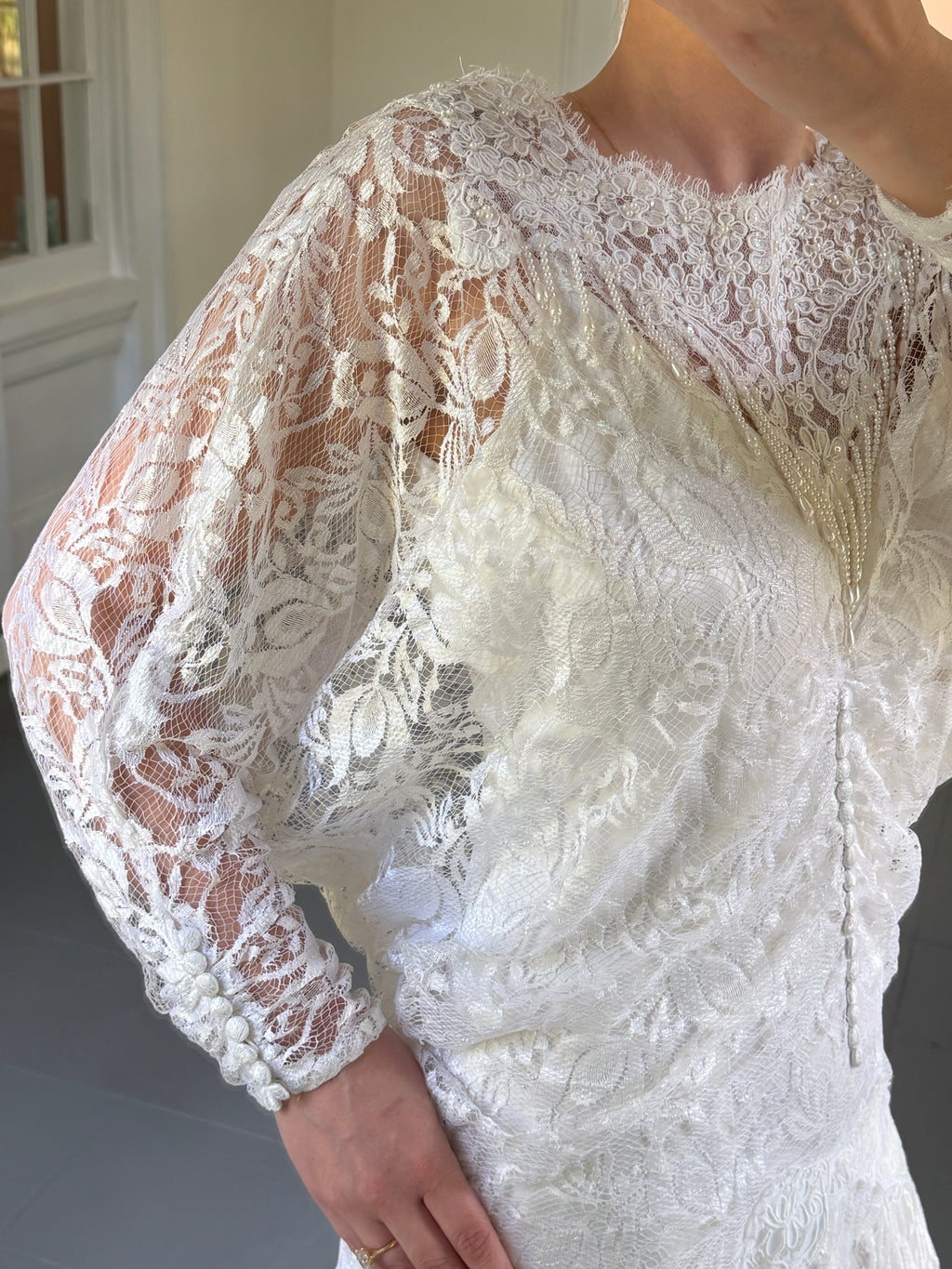 Vintage 80s Chantilly Lace Drop-Waist Dress With Pearl Fringe