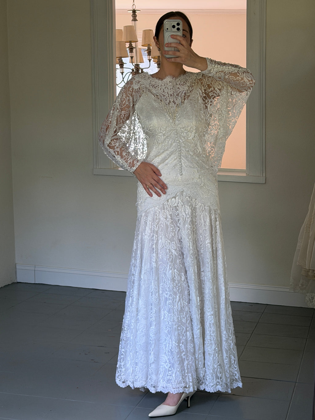 Vintage 80s Chantilly Lace Drop-Waist Dress With Pearl Fringe