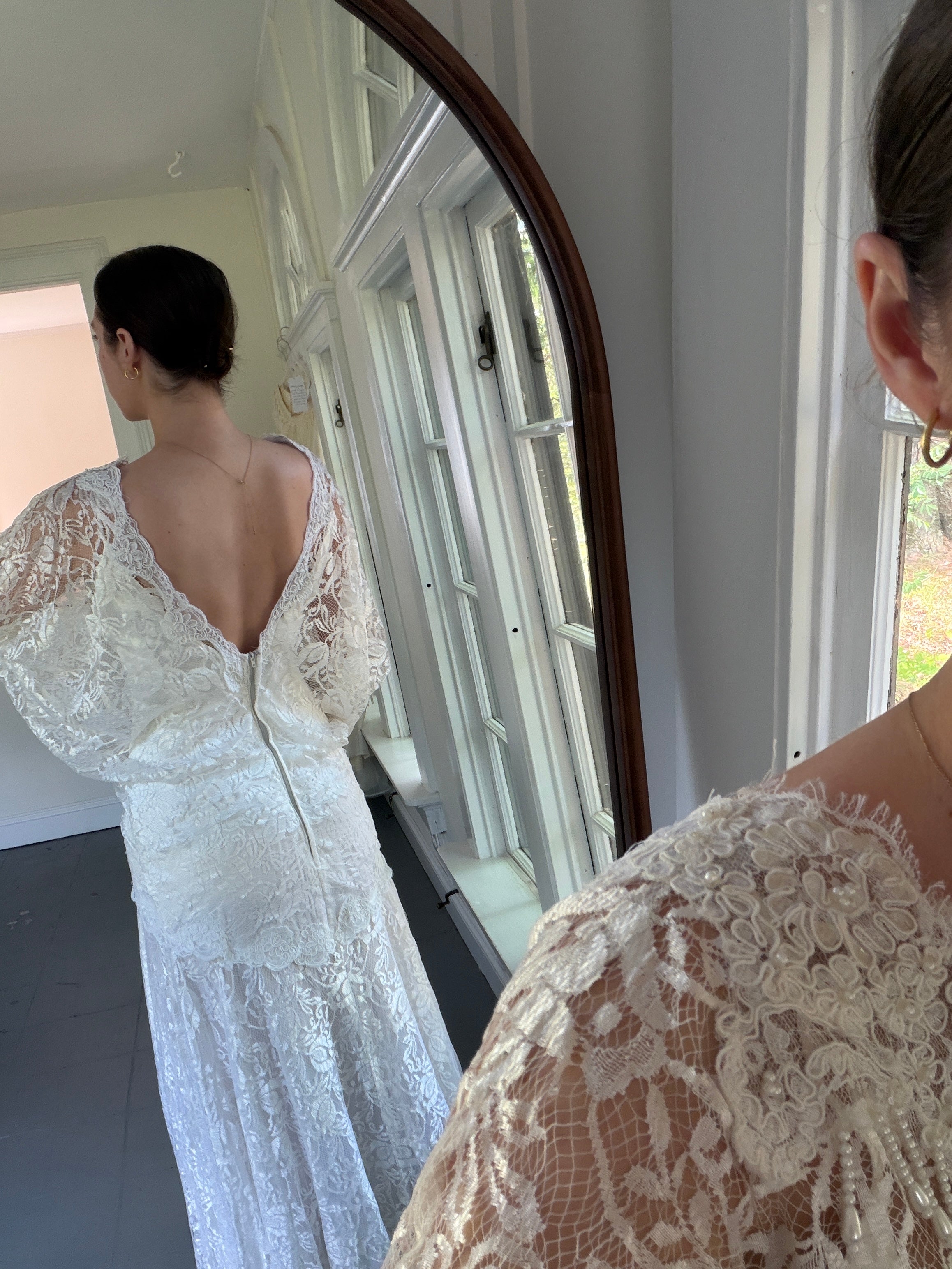 Vintage 80s Chantilly Lace Drop-Waist Dress With Pearl Fringe