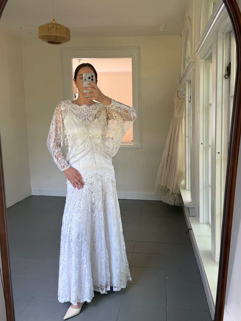 Vintage 80s Chantilly Lace Drop-Waist Dress With Pearl Fringe