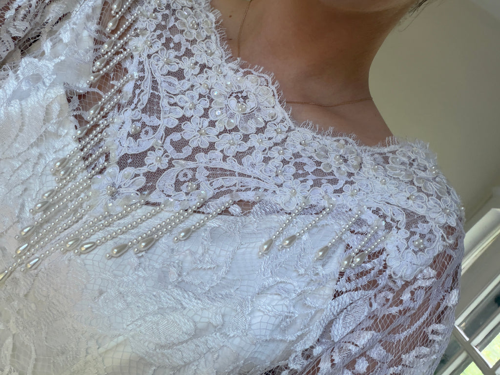 Vintage 80s Chantilly Lace Drop-Waist Dress With Pearl Fringe