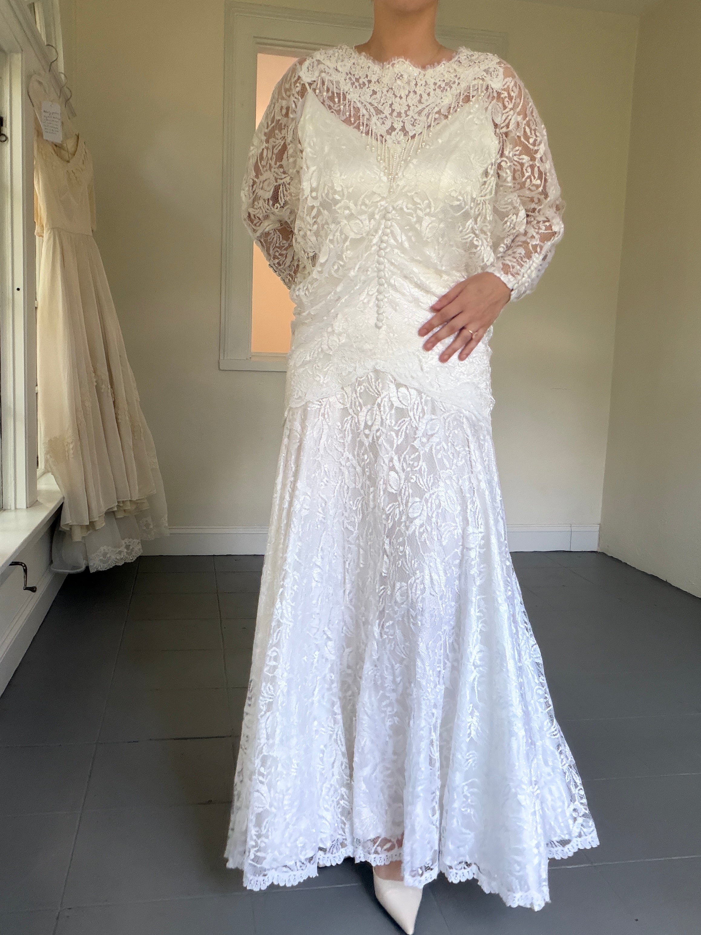 Vintage 80s Chantilly Lace Drop-Waist Dress With Pearl Fringe