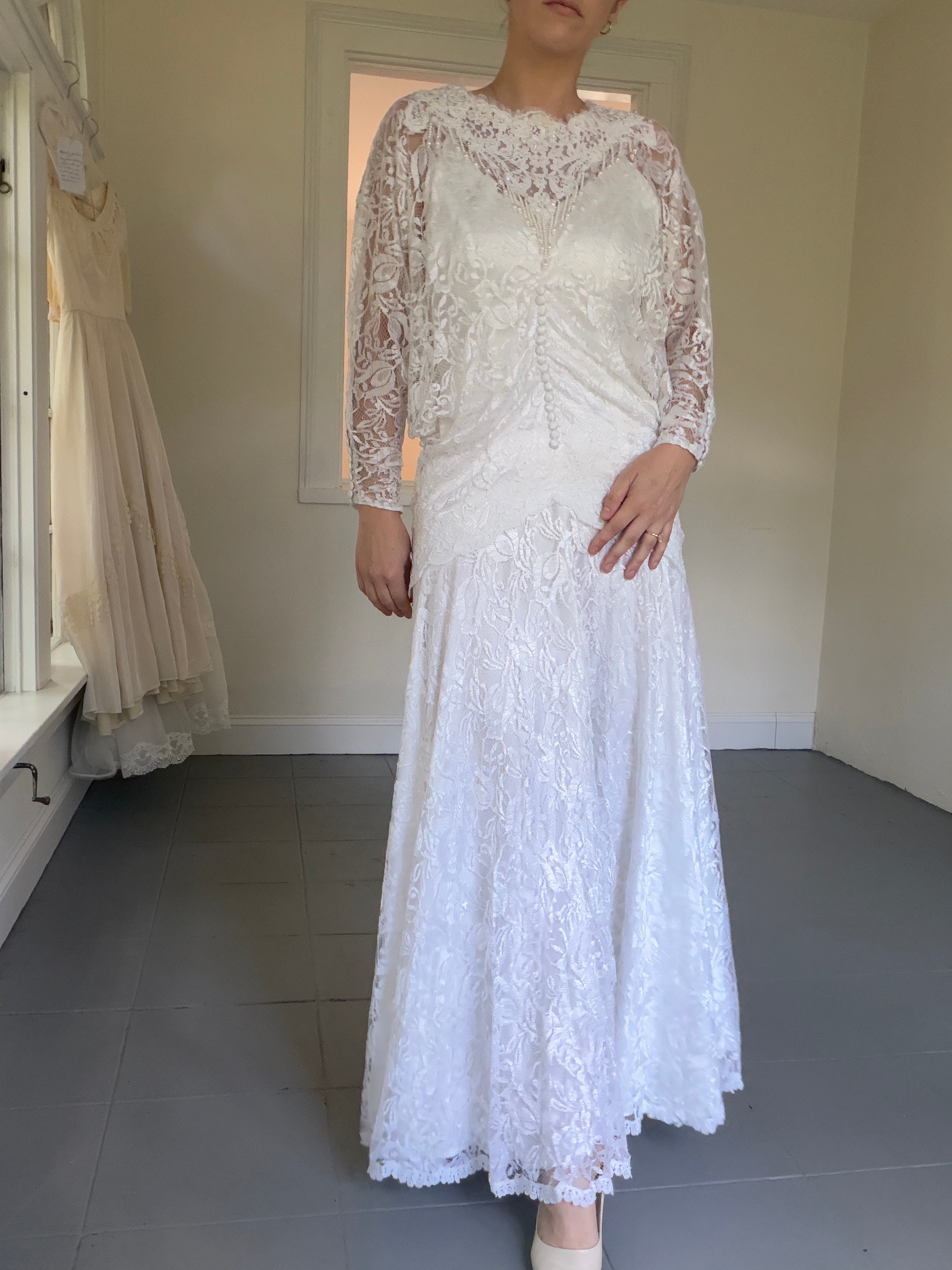Vintage 80s Chantilly Lace Drop-Waist Dress With Pearl Fringe