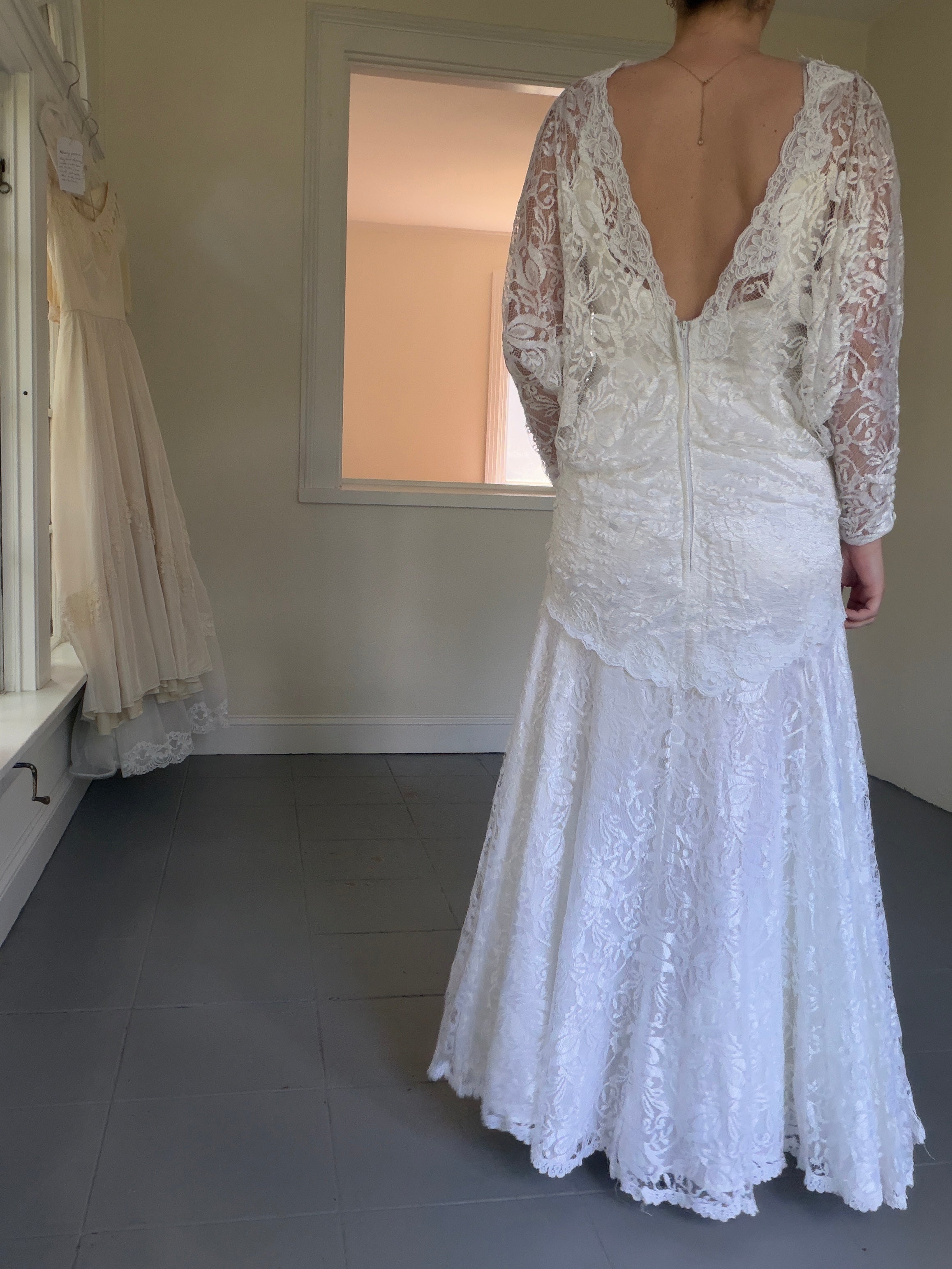Vintage 80s Chantilly Lace Drop-Waist Dress With Pearl Fringe