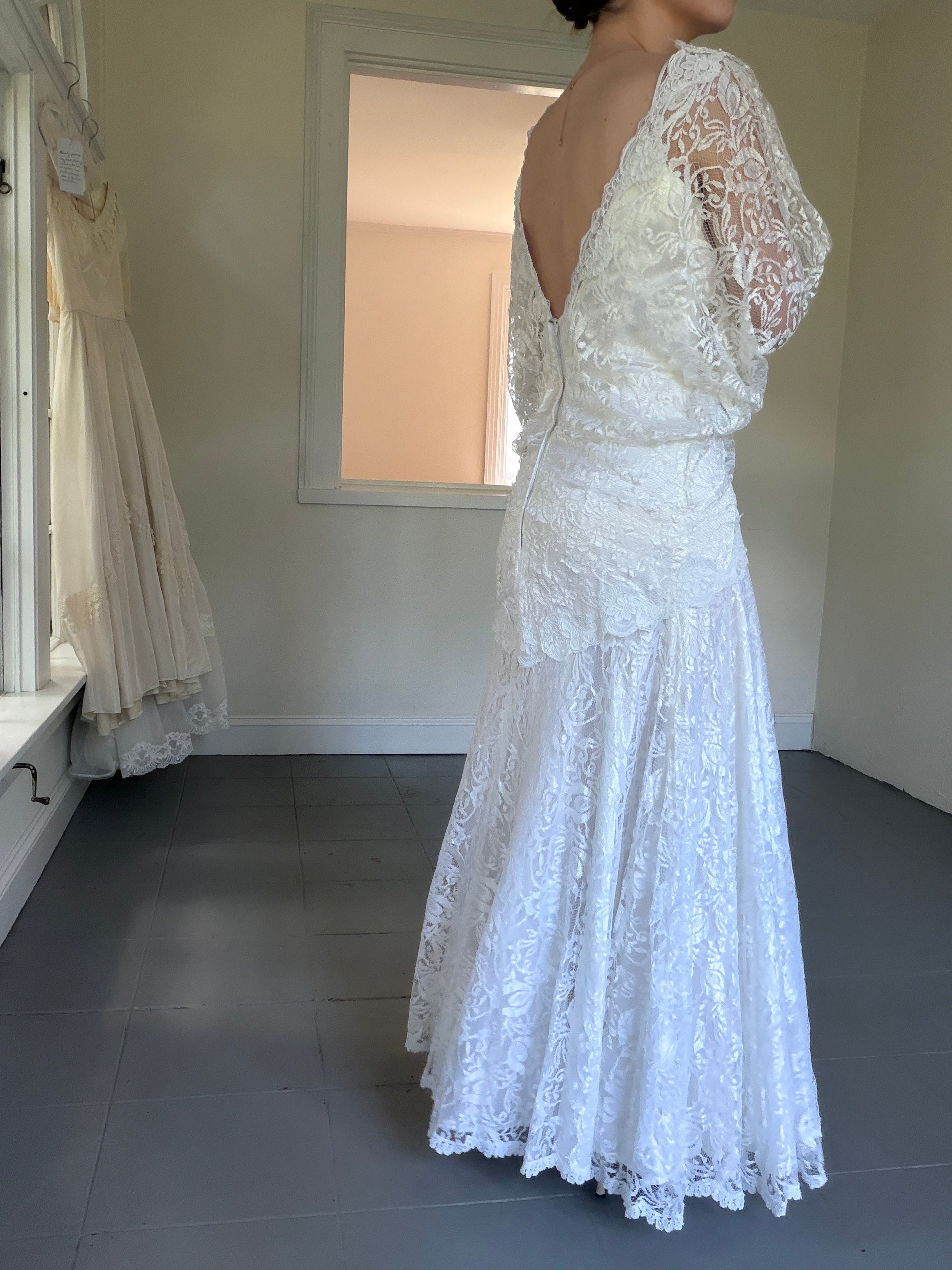Vintage 80s Chantilly Lace Drop-Waist Dress With Pearl Fringe