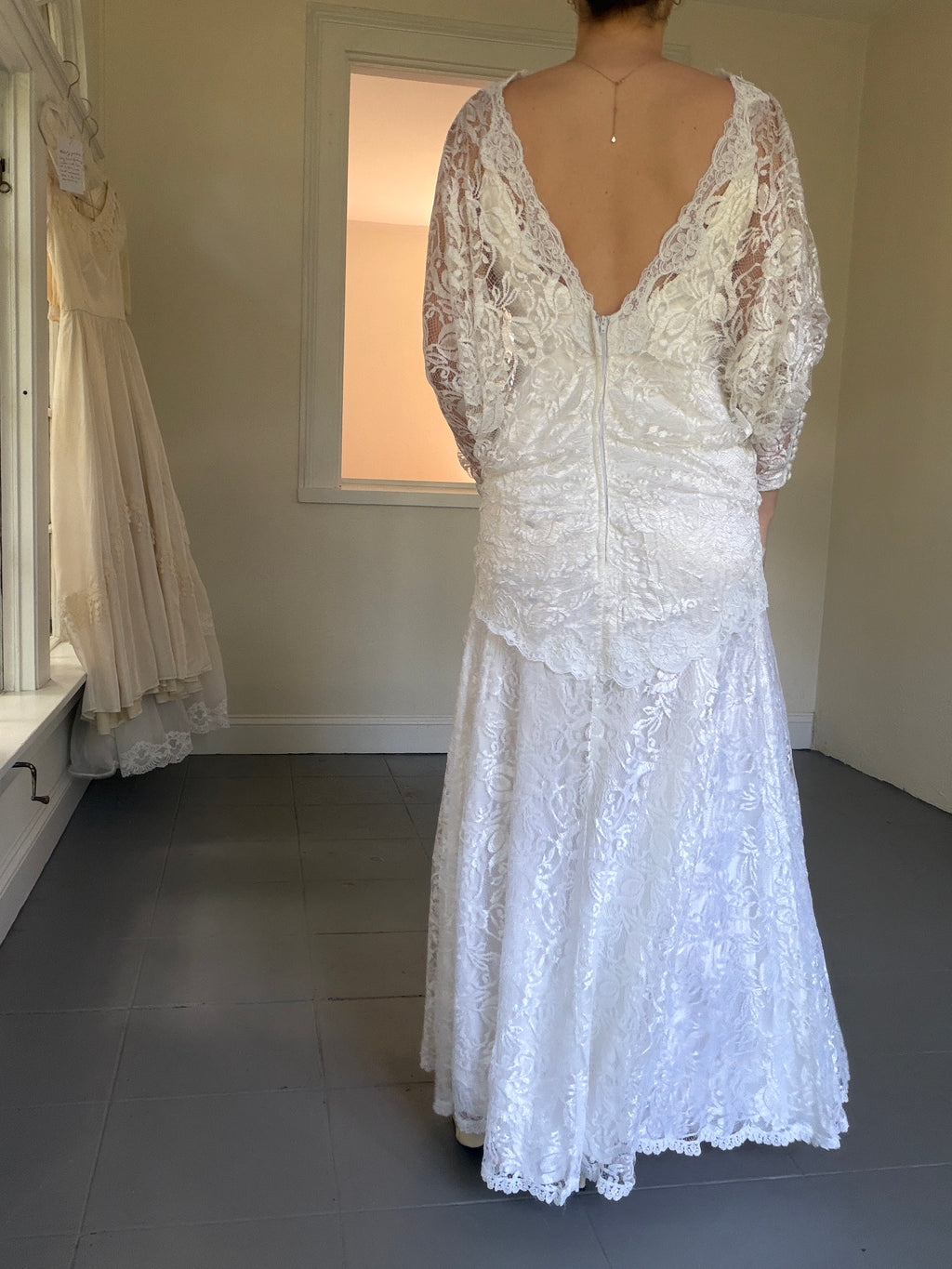 Vintage 80s Chantilly Lace Drop-Waist Dress With Pearl Fringe