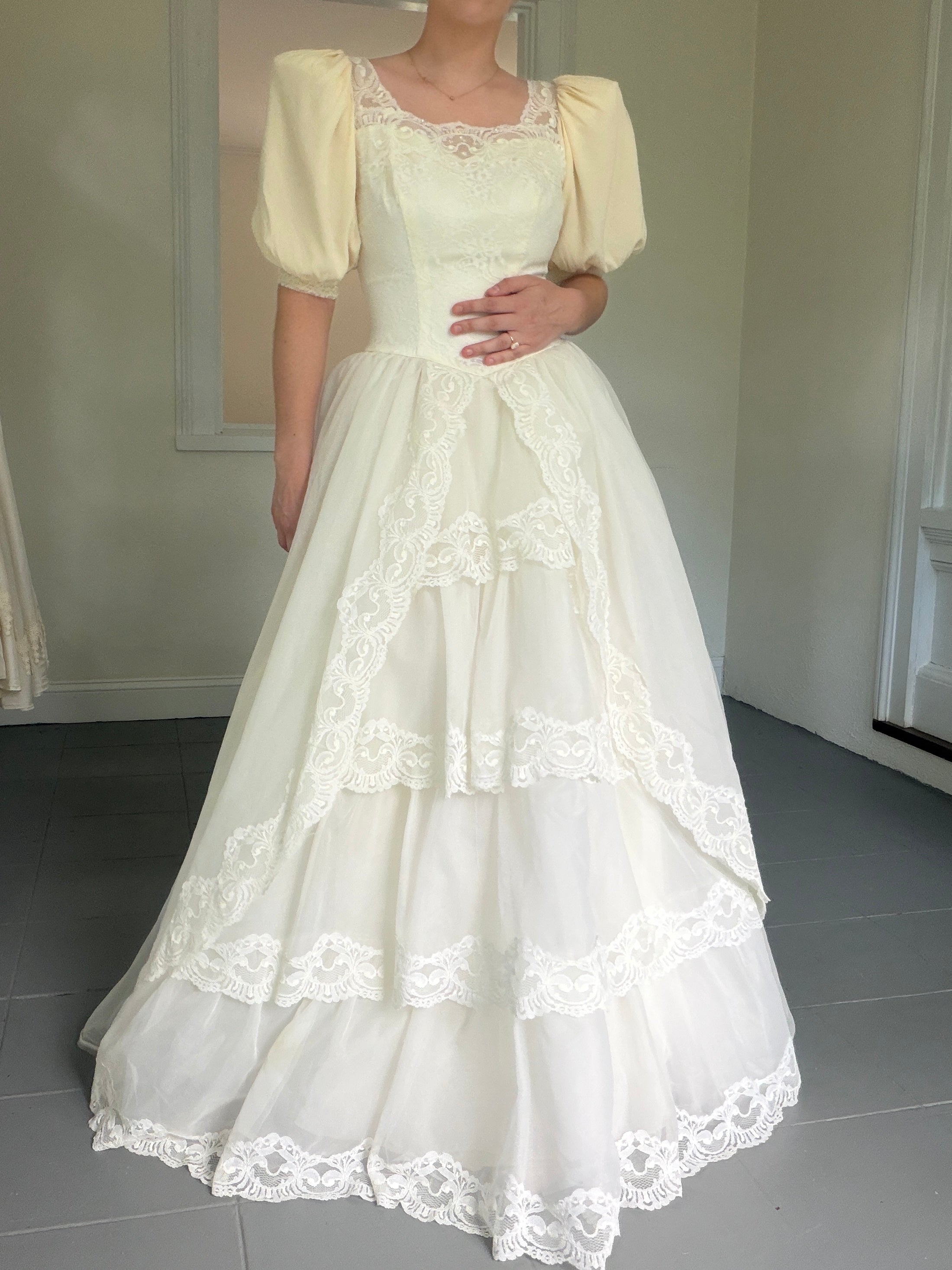 Vintage 70s Ball Gown With Basque Waist And Layered Full Skirt