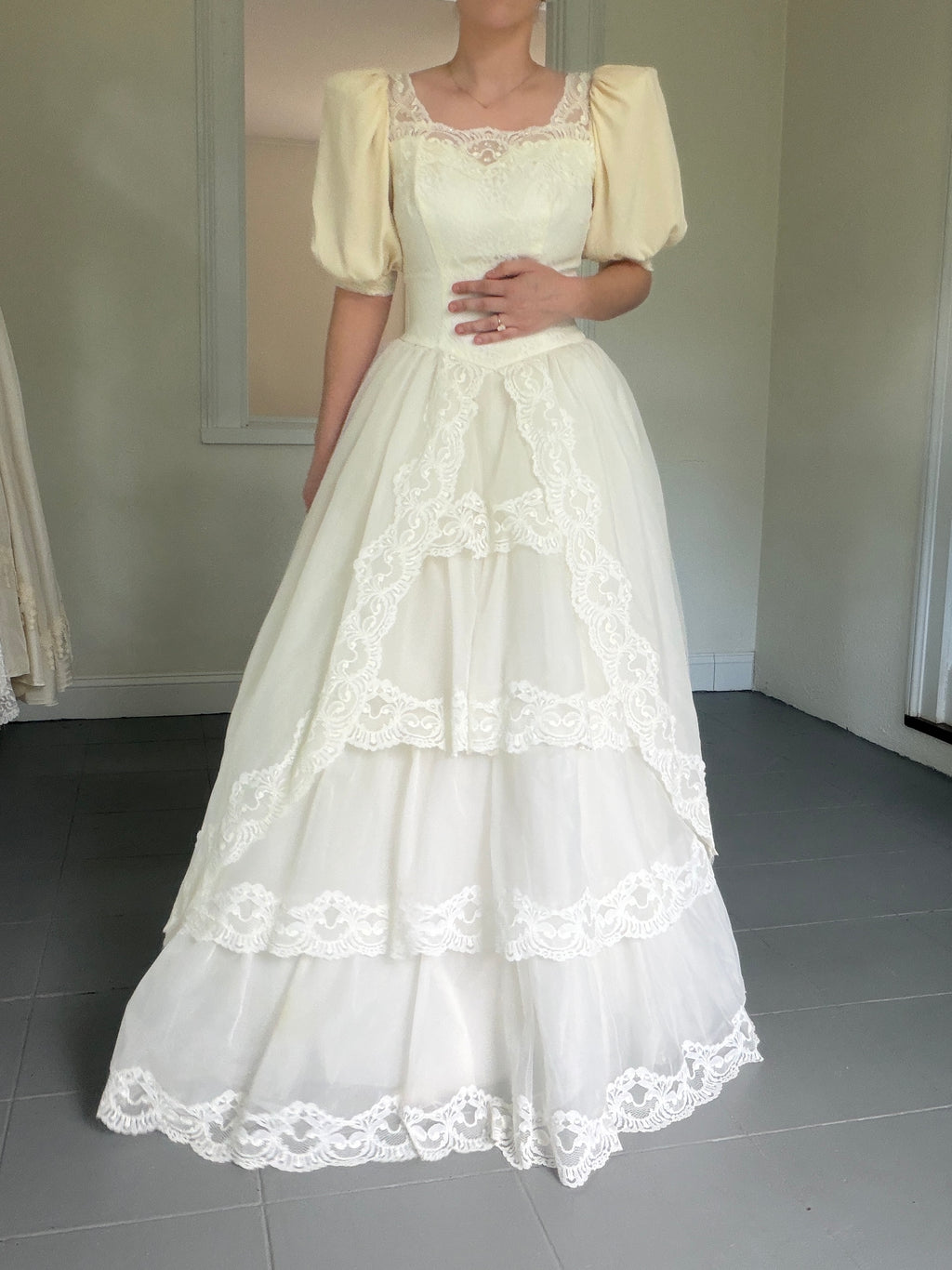 Vintage 70s Ball Gown With Basque Waist And Layered Full Skirt