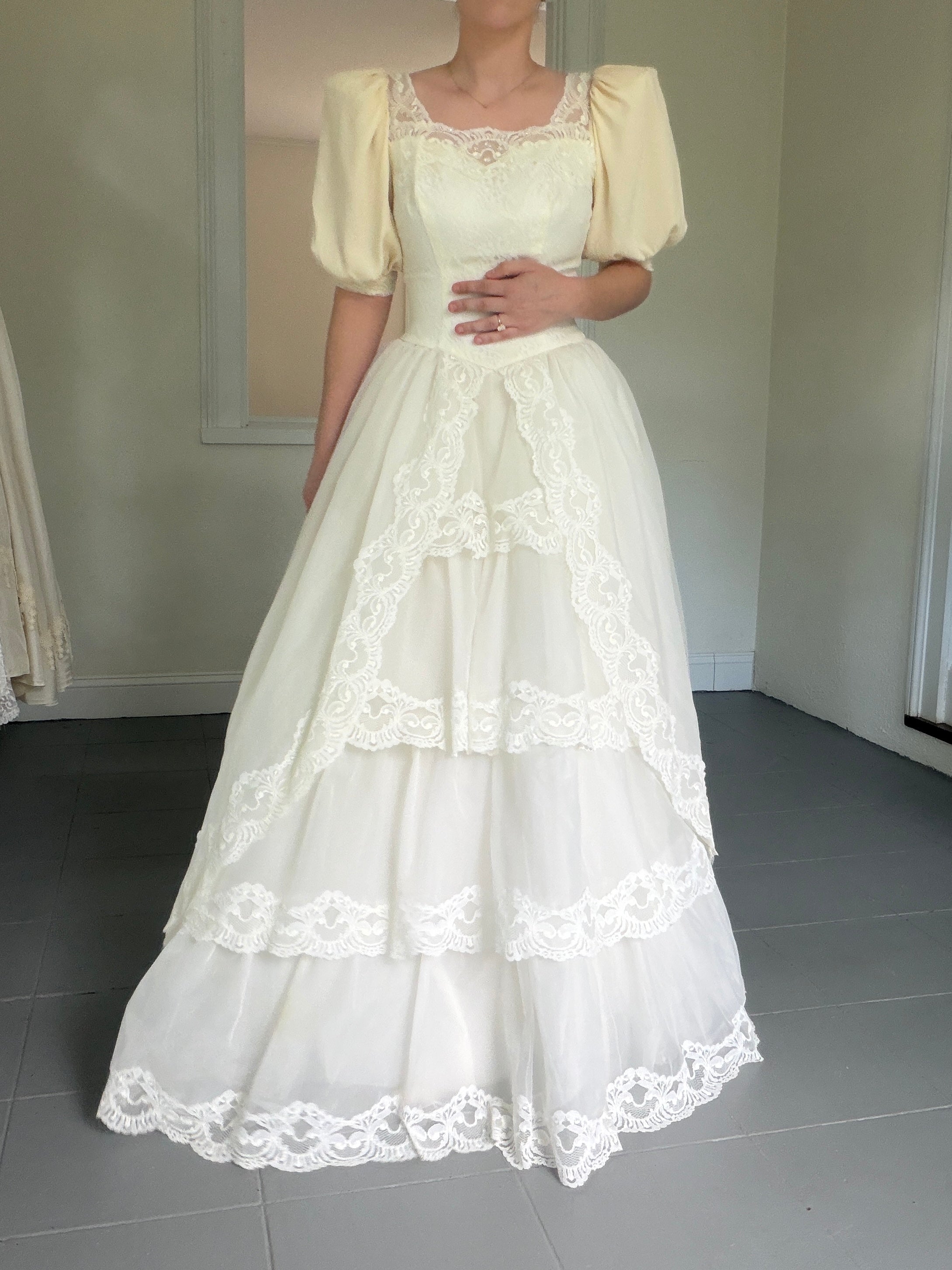 Vintage 70s Ball Gown With Basque Waist And Layered Full Skirt