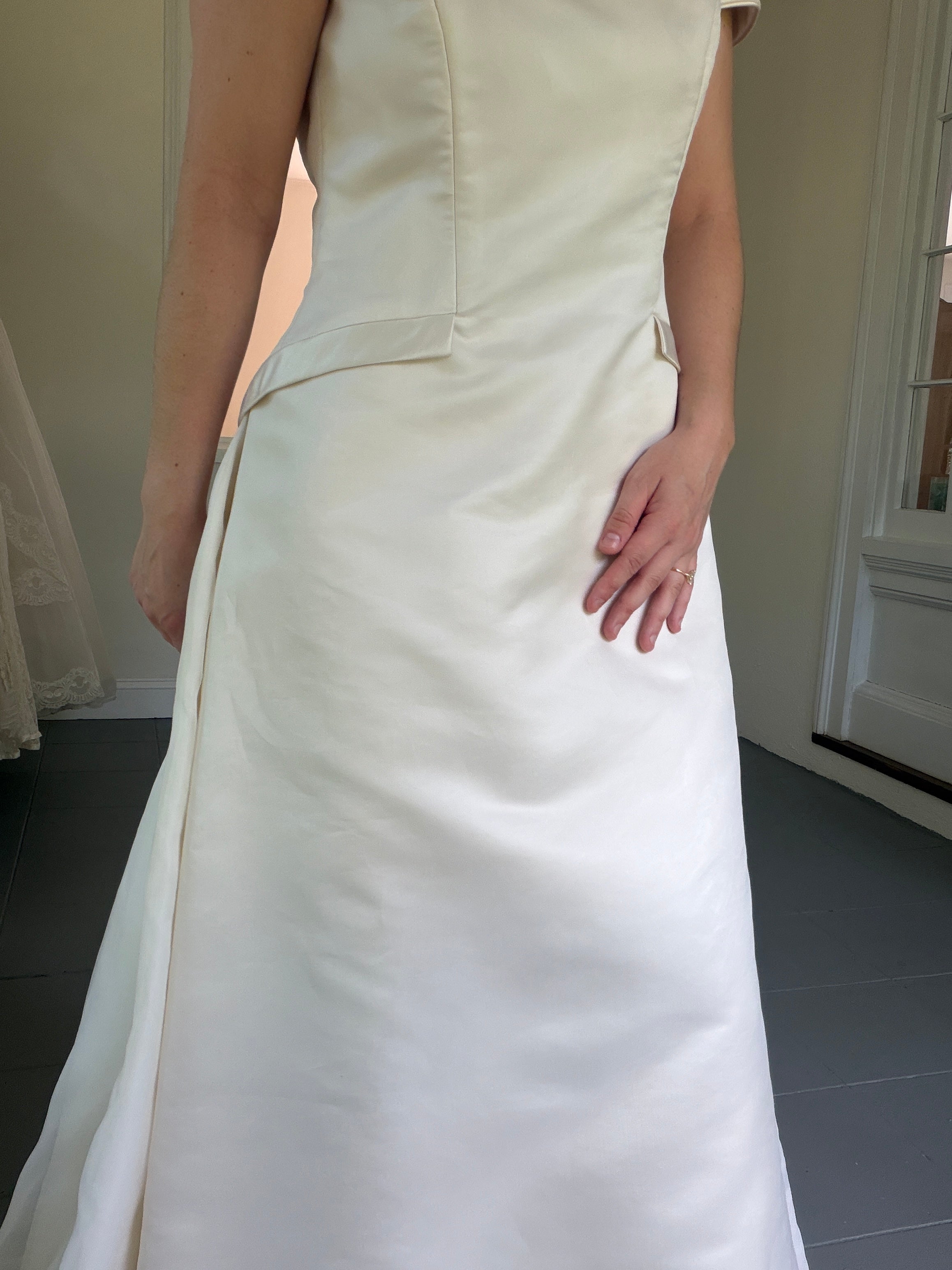 Vintage 90s Couture A-Line Wedding Gown With Off-The-Shoulder Portrait Neckline