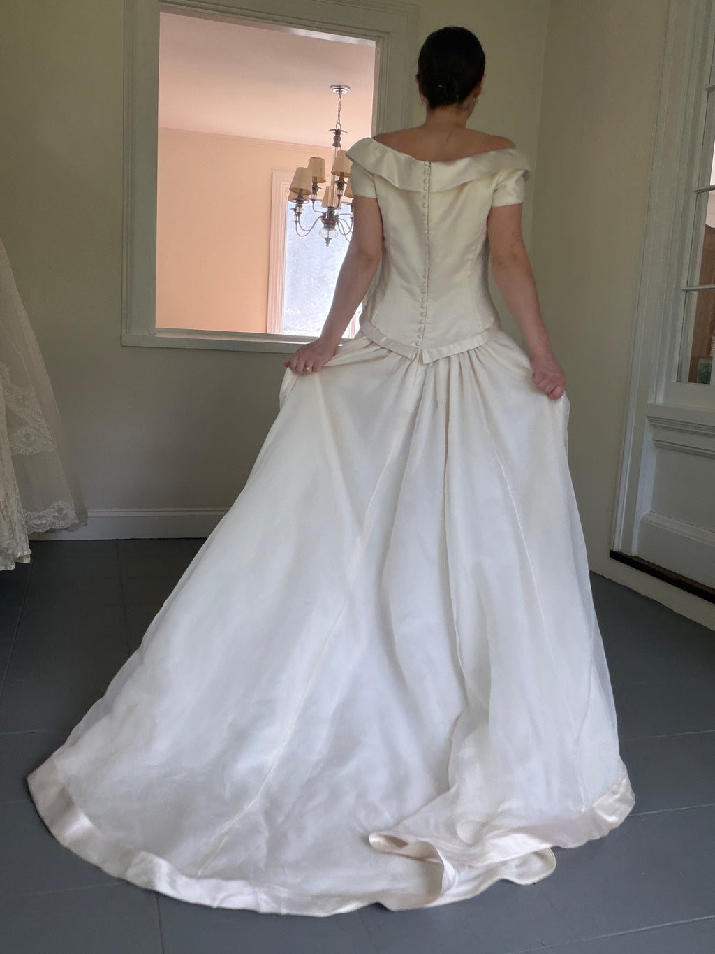 Vintage 90s Couture A-Line Wedding Gown With Off-The-Shoulder Portrait Neckline
