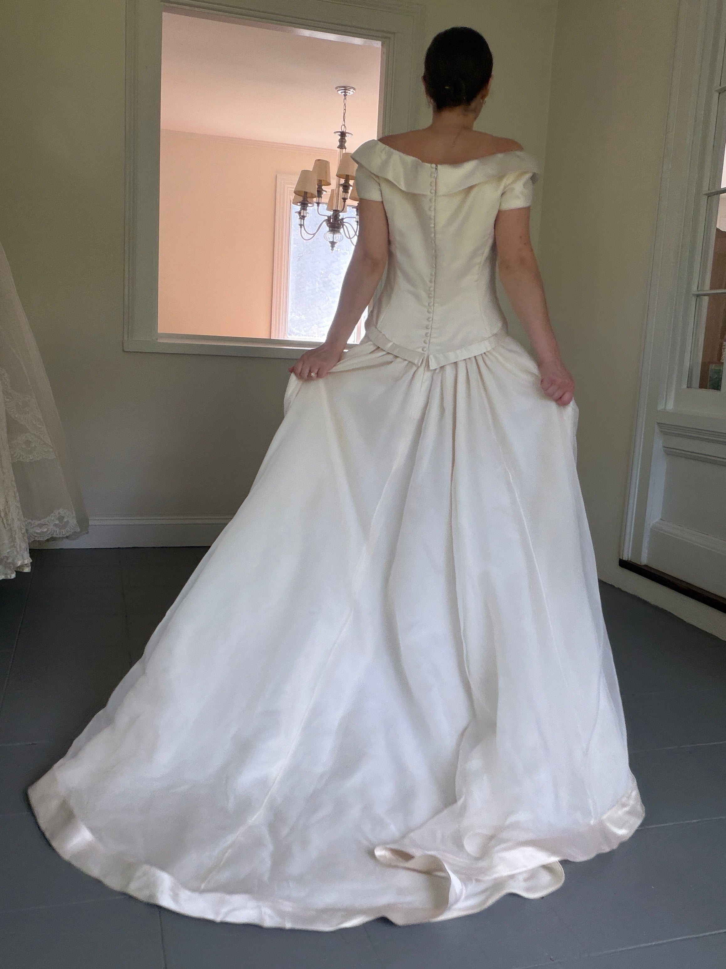 Vintage 90s Couture A-Line Wedding Gown With Off-The-Shoulder Portrait Neckline