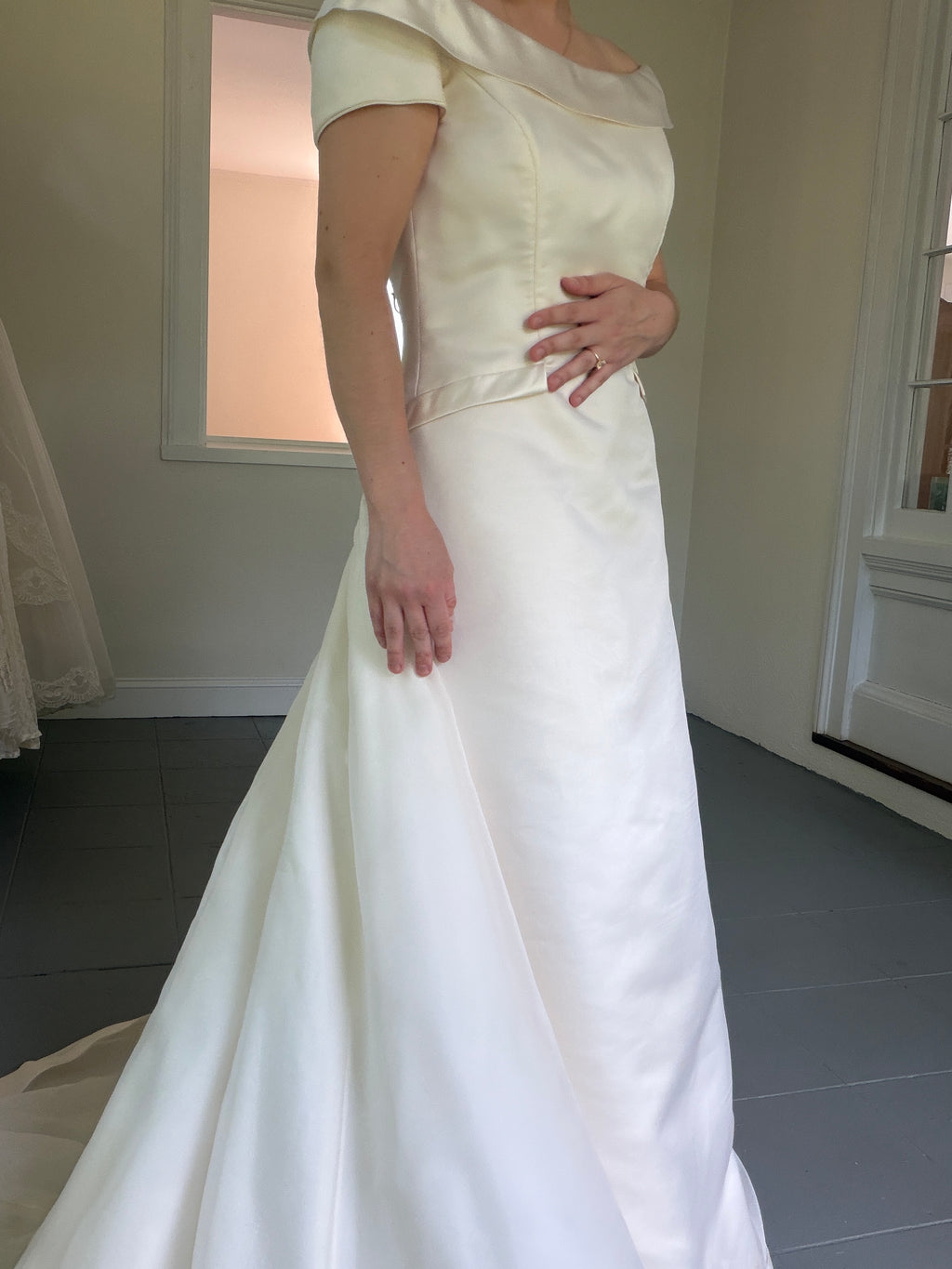 Vintage 90s Couture A-Line Wedding Gown With Off-The-Shoulder Portrait Neckline