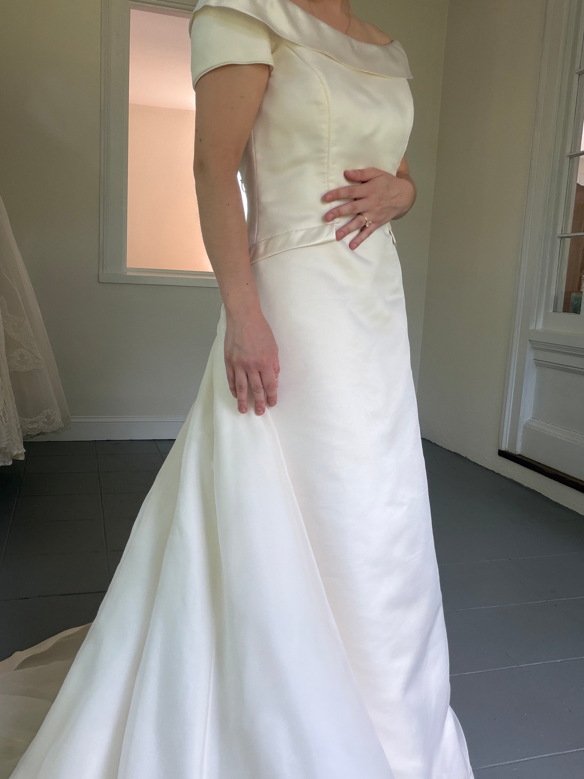 Vintage 90s Couture A-Line Wedding Gown With Off-The-Shoulder Portrait Neckline