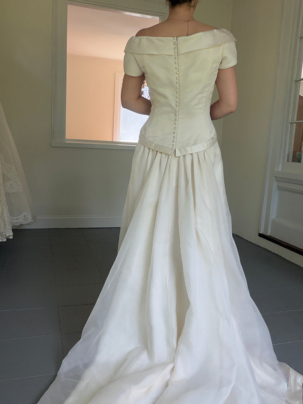 Vintage 90s Couture A-Line Wedding Gown With Off-The-Shoulder Portrait Neckline