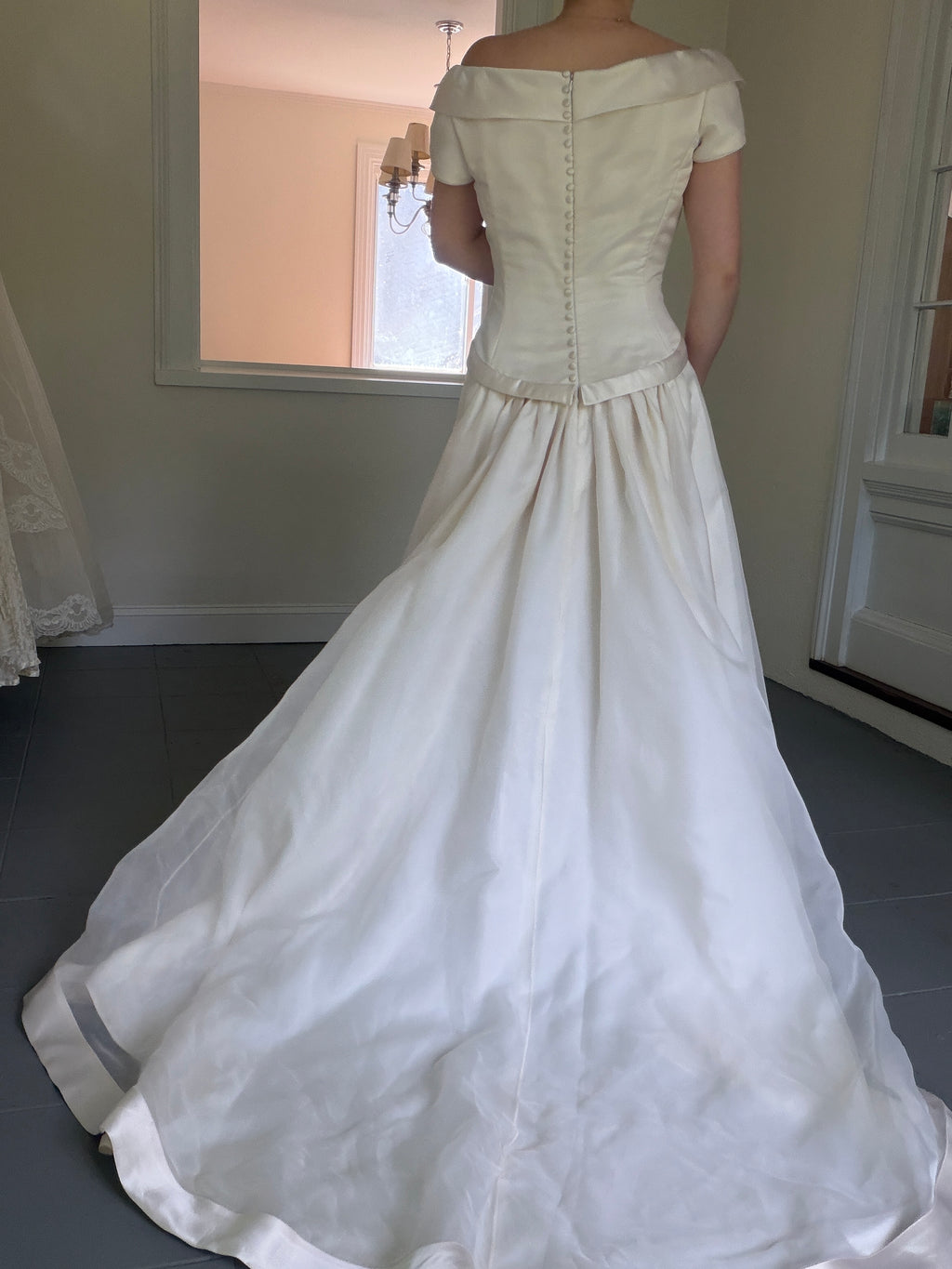 Vintage 90s Couture A-Line Wedding Gown With Off-The-Shoulder Portrait Neckline