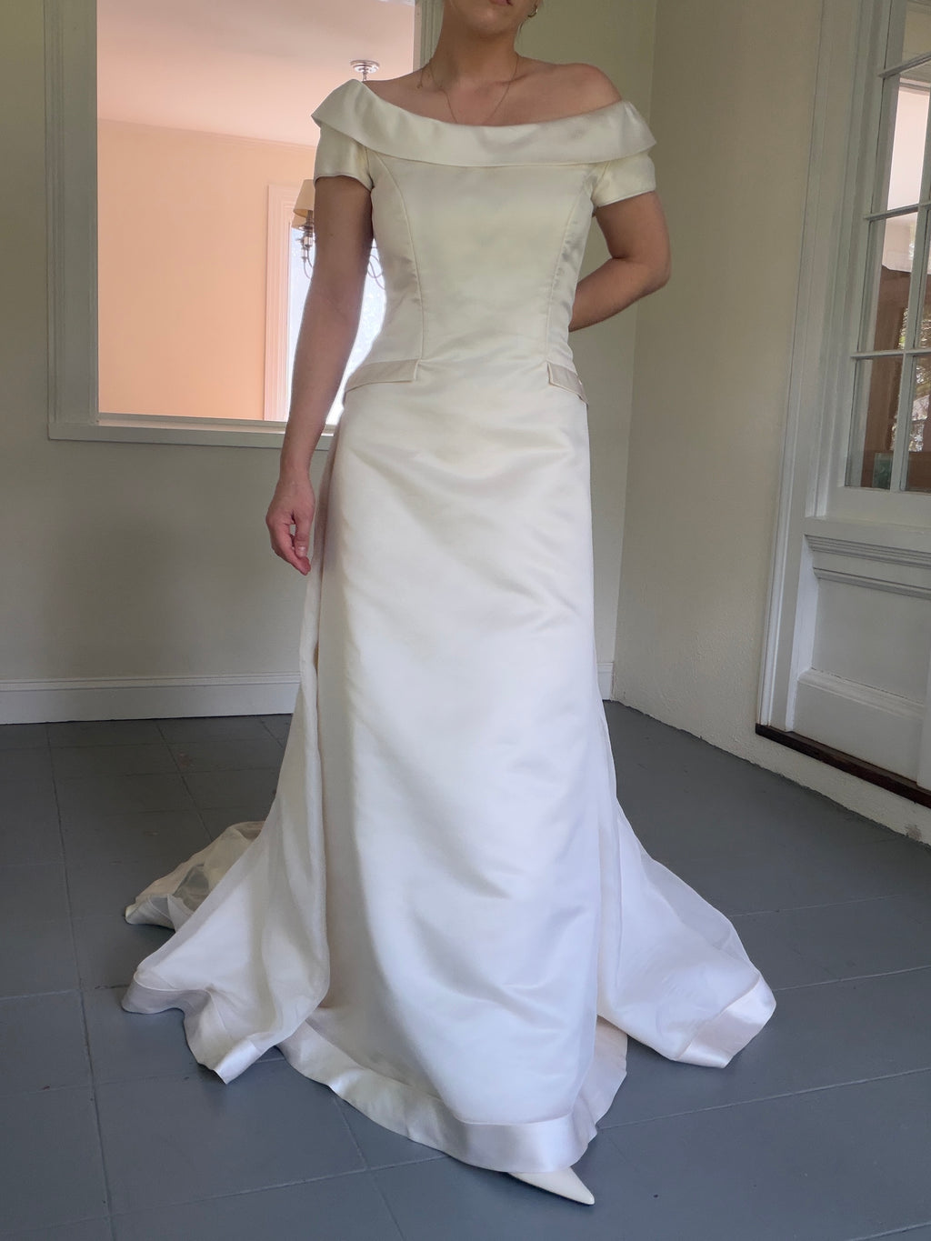 Vintage 90s Couture A-Line Wedding Gown With Off-The-Shoulder Portrait Neckline
