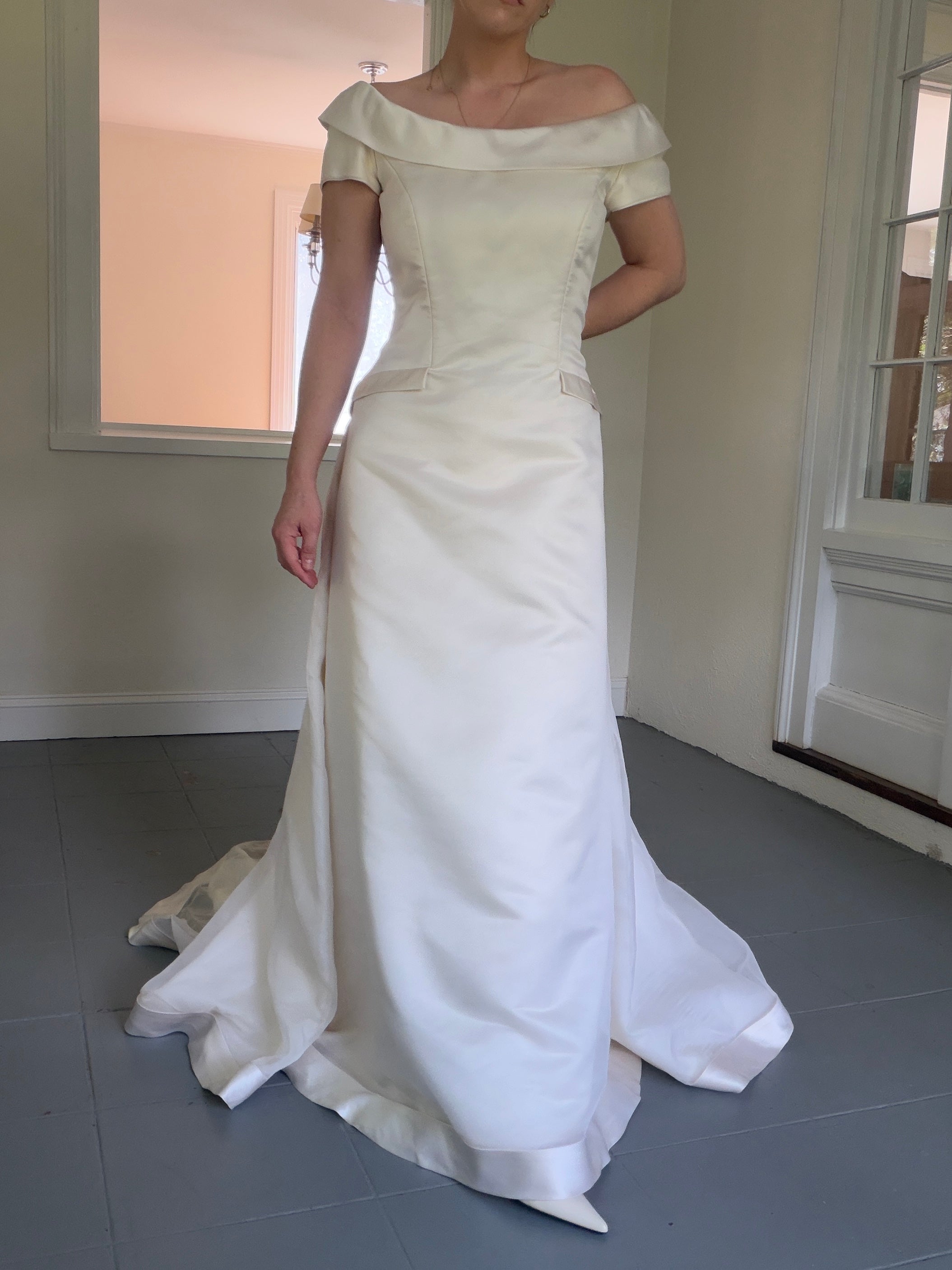 Vintage 90s Couture A-Line Wedding Gown With Off-The-Shoulder Portrait Neckline