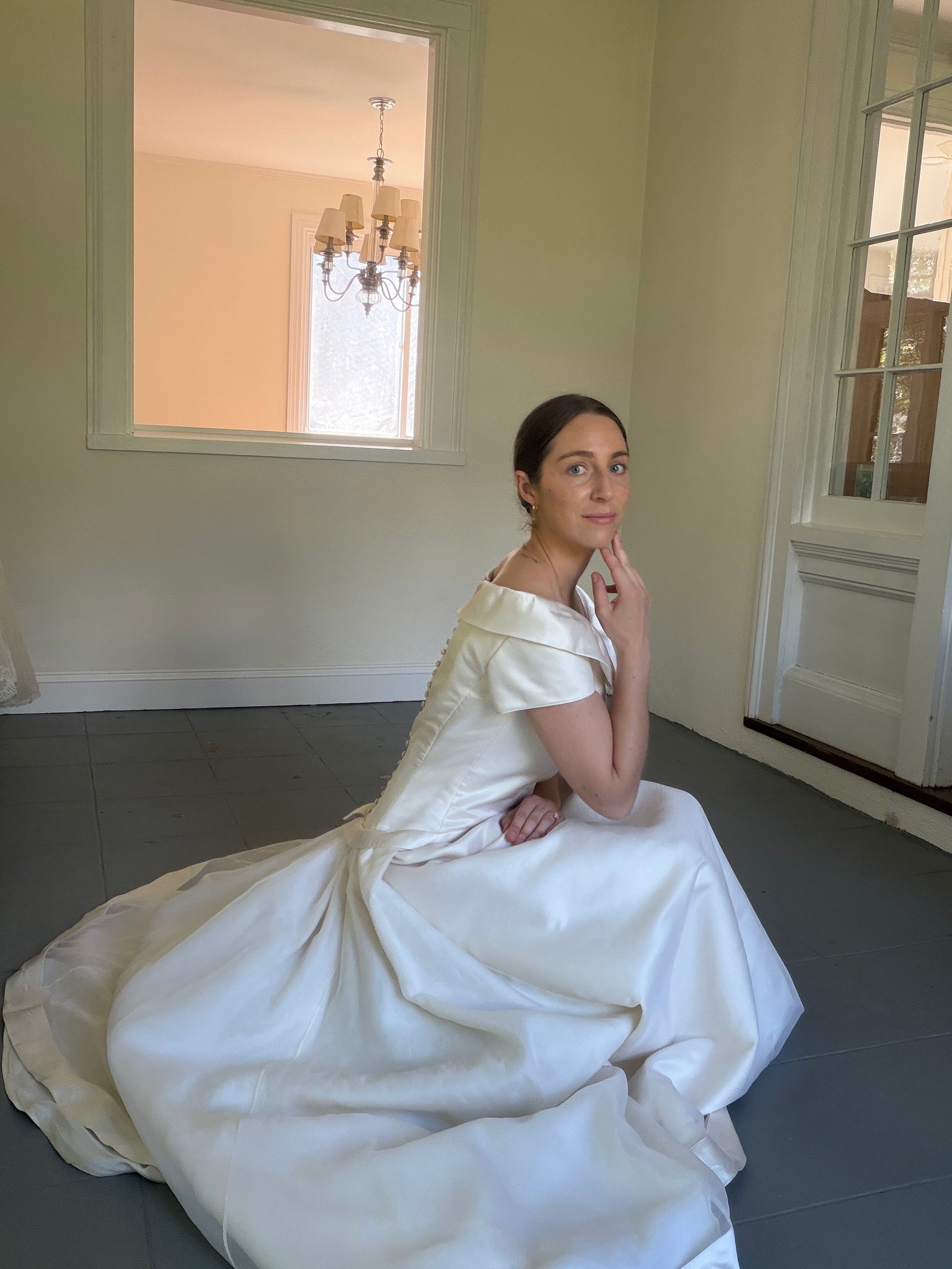 Vintage 90s Couture A-Line Wedding Gown With Off-The-Shoulder Portrait Neckline