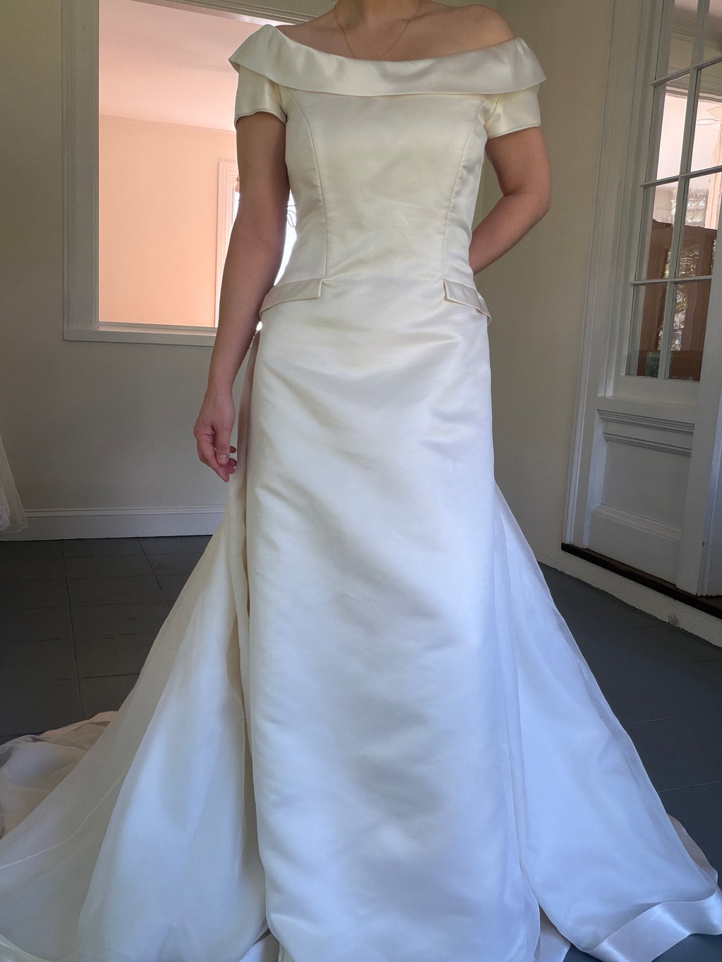 Vintage 90s Couture A-Line Wedding Gown With Off-The-Shoulder Portrait Neckline