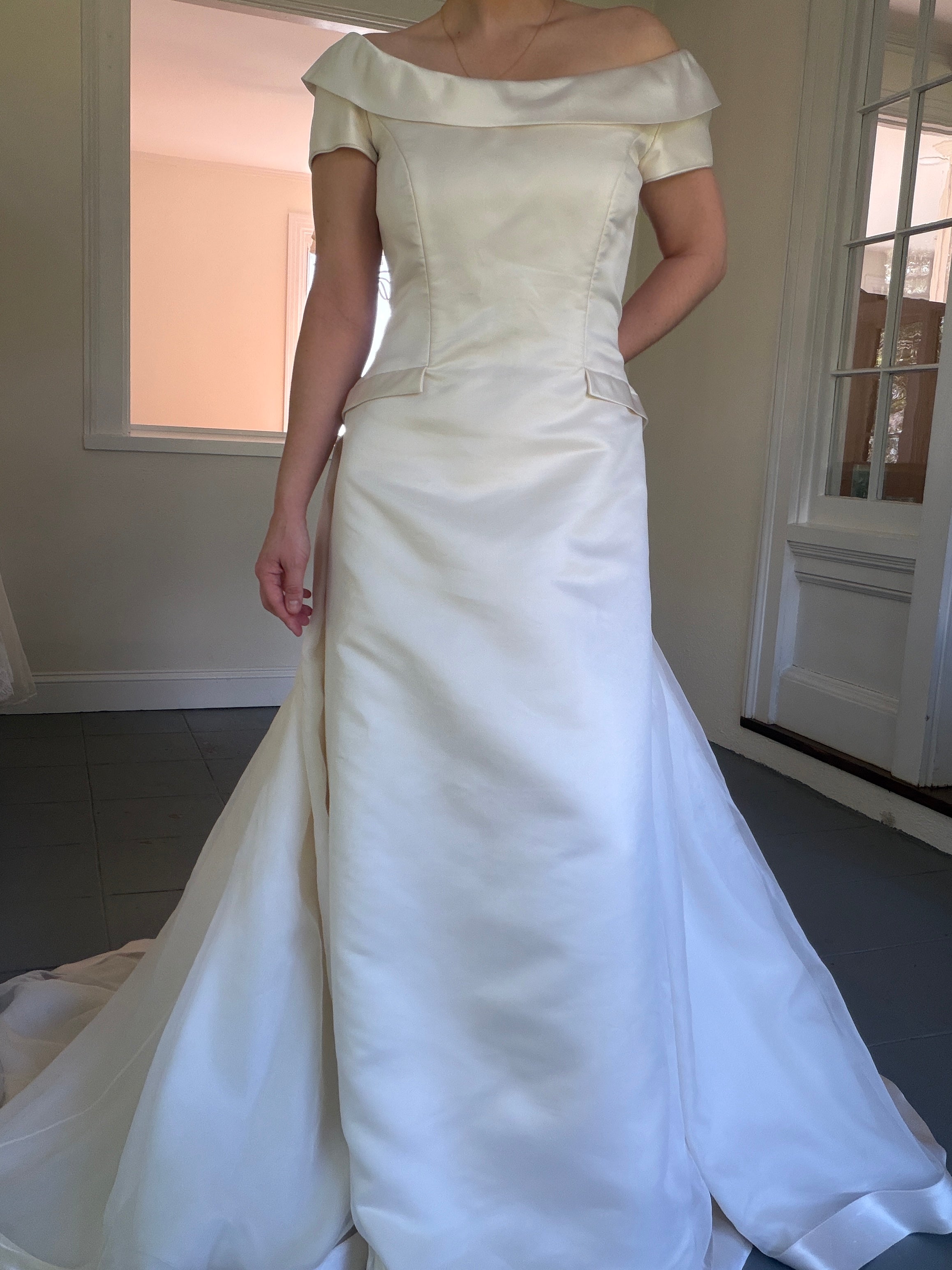 Vintage 90s Couture A-Line Wedding Gown With Off-The-Shoulder Portrait Neckline