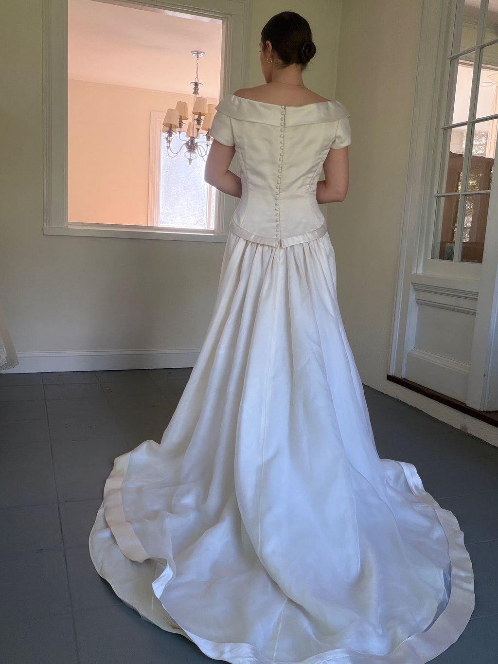 Vintage 90s Couture A-Line Wedding Gown With Off-The-Shoulder Portrait Neckline