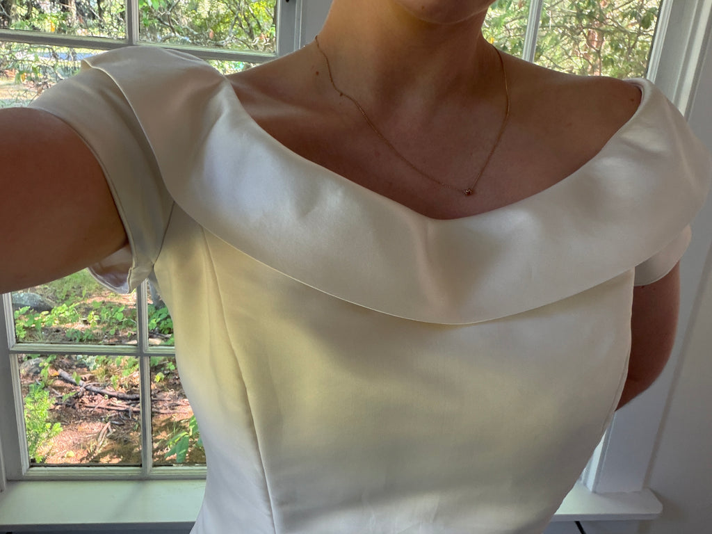 Vintage 90s Couture A-Line Wedding Gown With Off-The-Shoulder Portrait Neckline