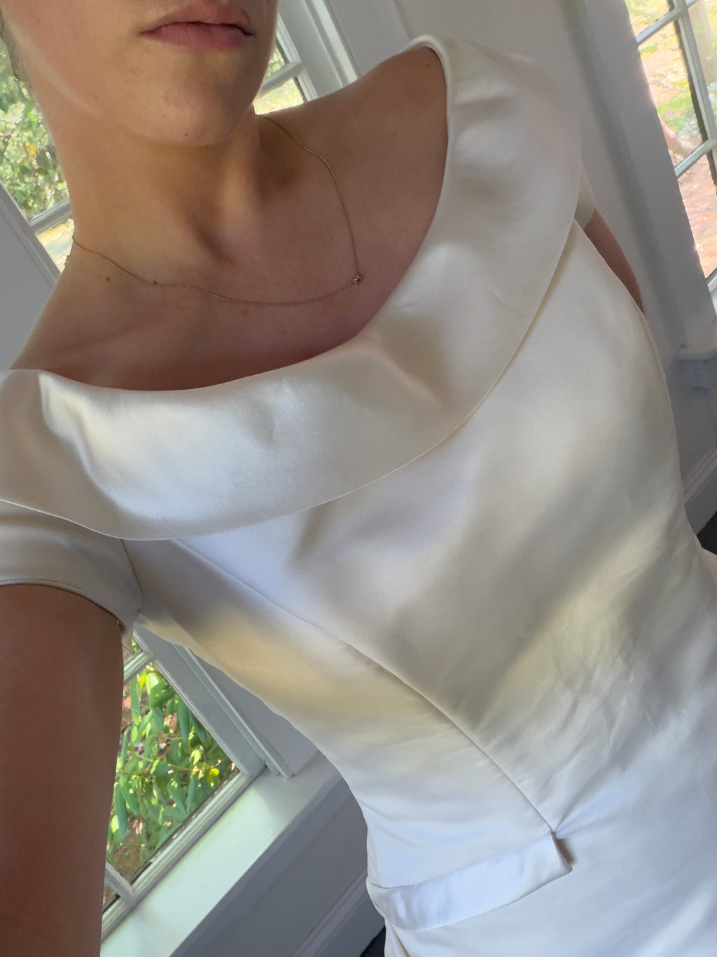 Vintage 90s Couture A-Line Wedding Gown With Off-The-Shoulder Portrait Neckline