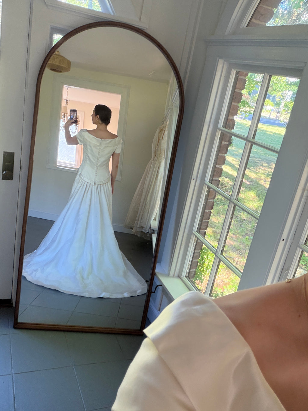 Vintage 90s Couture A-Line Wedding Gown With Off-The-Shoulder Portrait Neckline