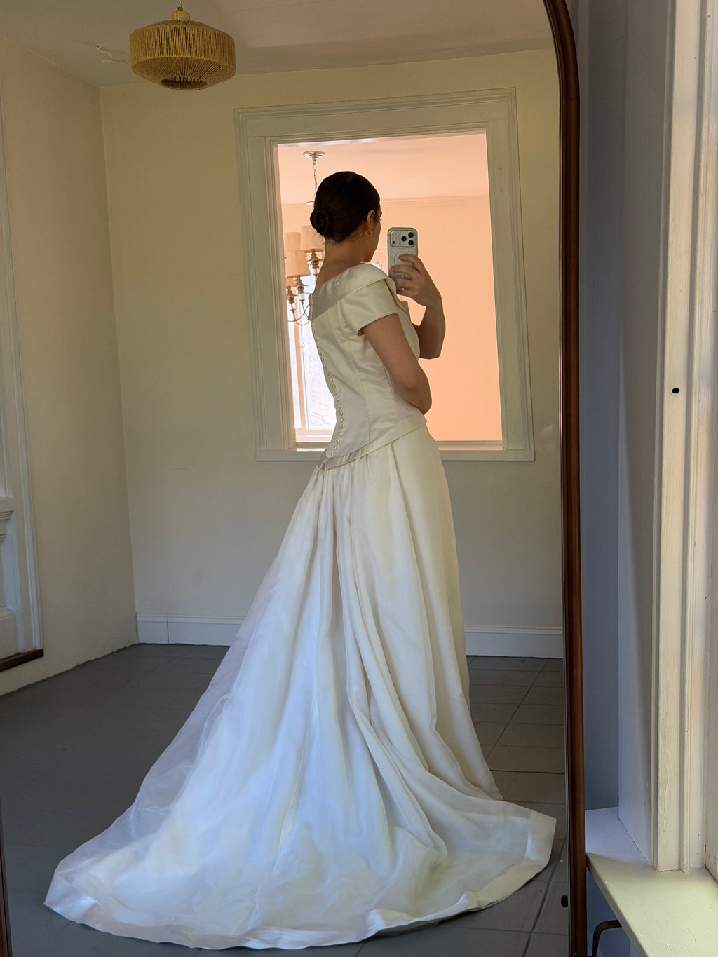 Vintage 90s Couture A-Line Wedding Gown With Off-The-Shoulder Portrait Neckline