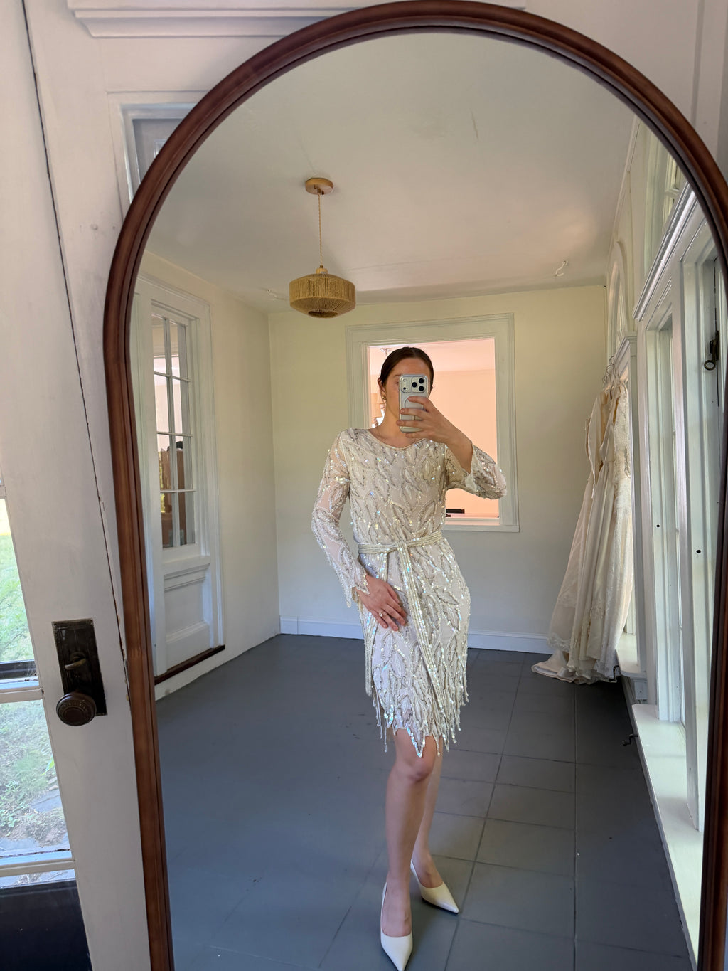 Vintage 80s 100% Silk Beaded Mini Dress With Handkerchief Hem