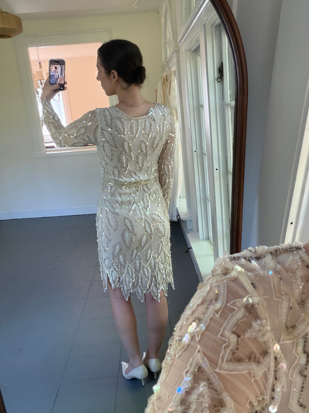 Vintage 80s 100% Silk Beaded Mini Dress With Handkerchief Hem