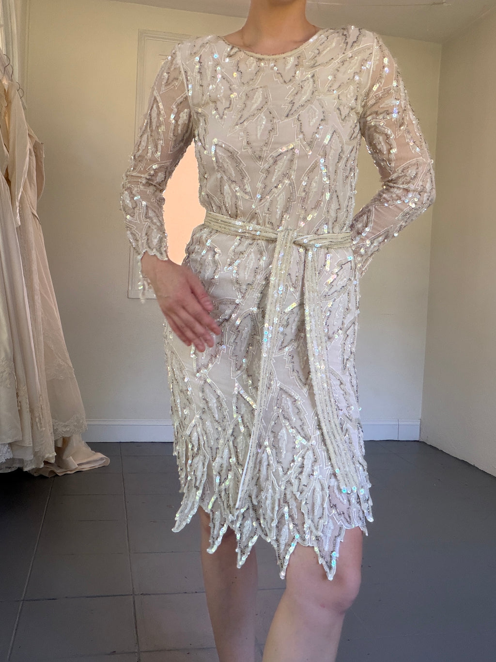 Vintage 80s 100% Silk Beaded Mini Dress With Handkerchief Hem