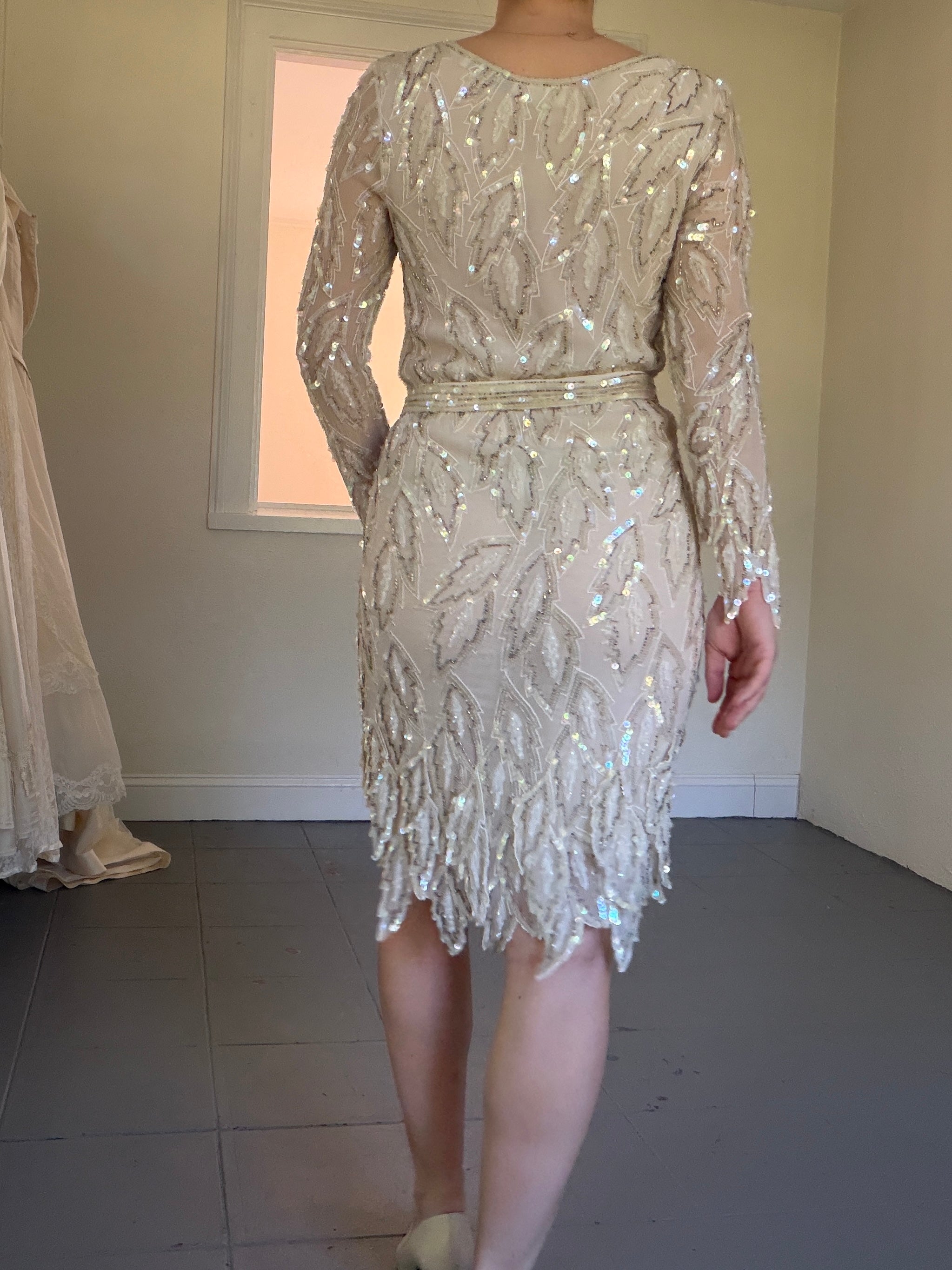 Vintage 80s 100% Silk Beaded Mini Dress With Handkerchief Hem