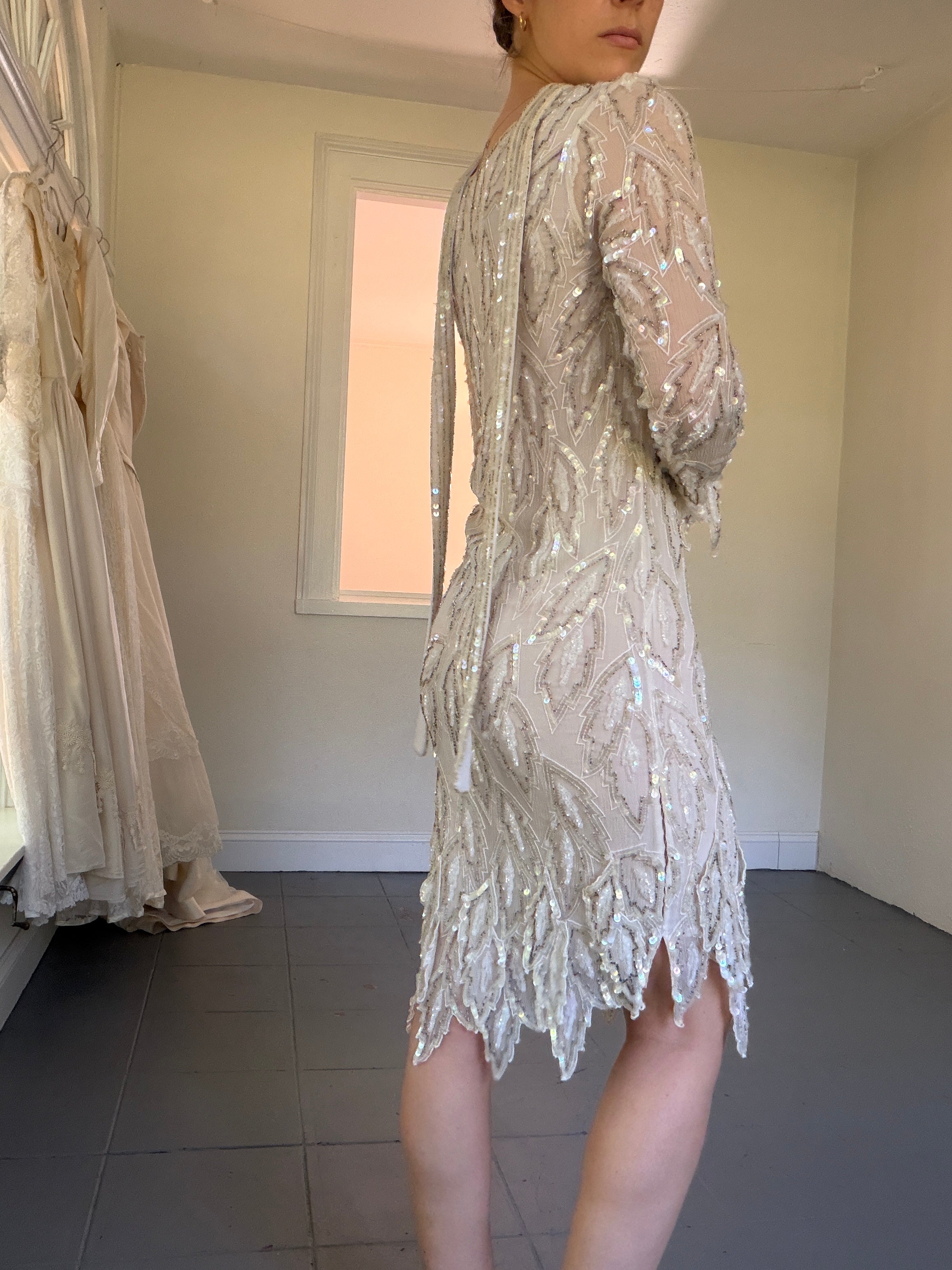 Vintage 80s 100% Silk Beaded Mini Dress With Handkerchief Hem