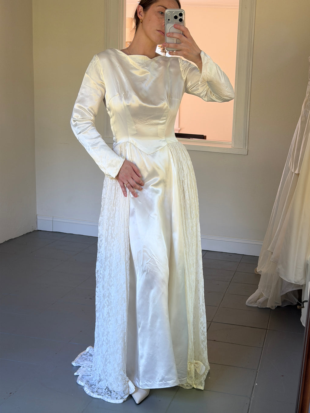 Vintage 40s Handmade Satin Wedding Gown With Lace Overskirt