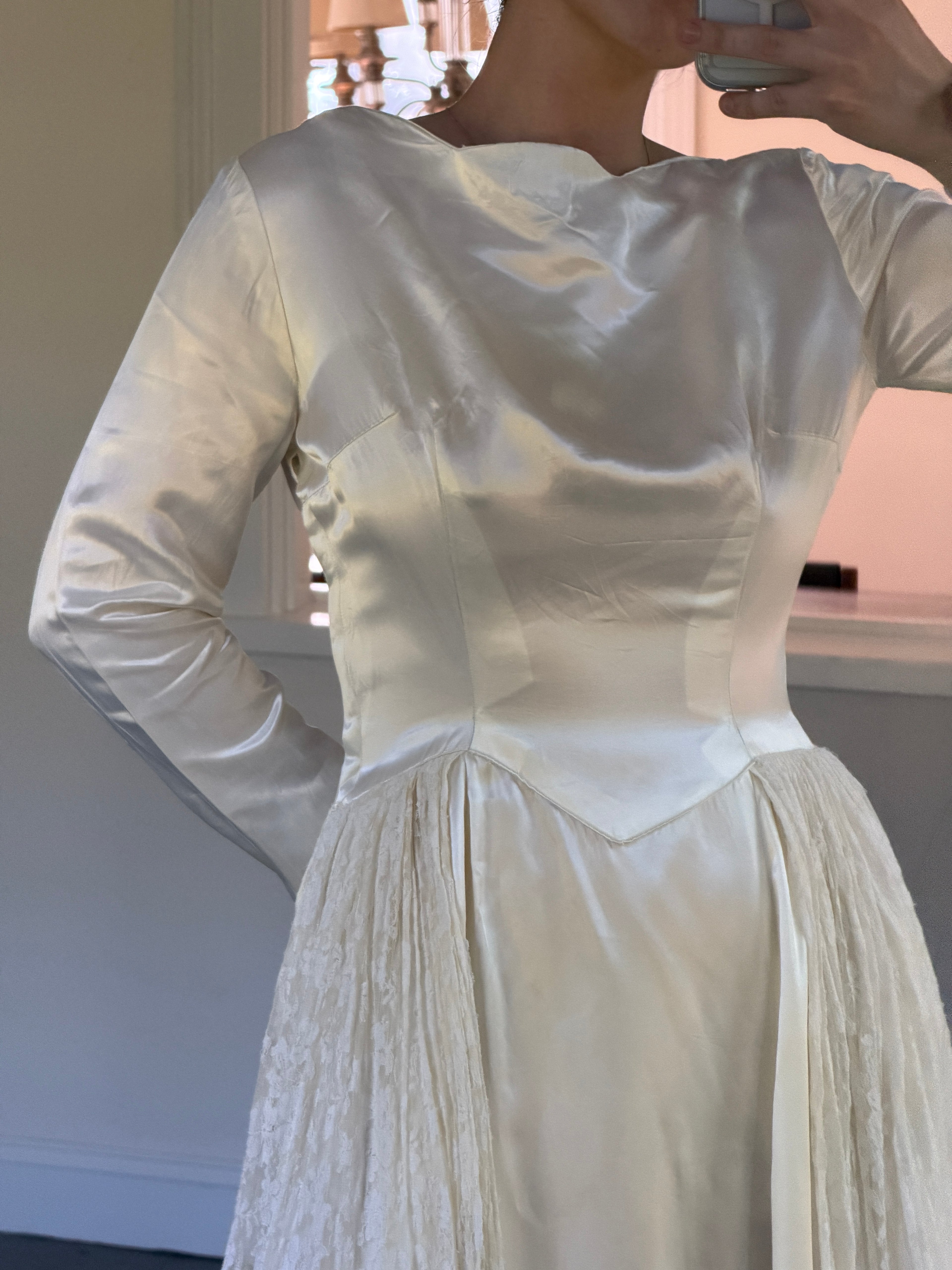Vintage 40s Handmade Satin Wedding Gown With Lace Overskirt