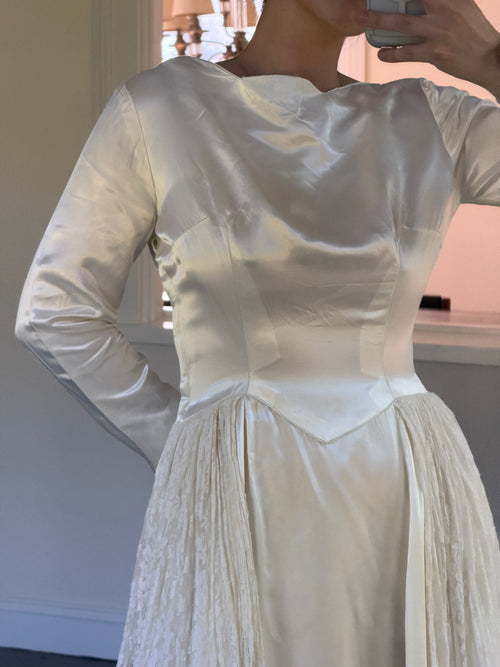 Vintage 40s Handmade Satin Wedding Gown With Lace Overskirt