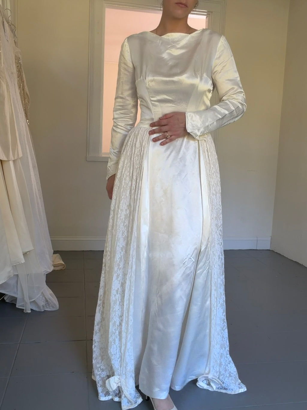 Vintage 40s Handmade Satin Wedding Gown With Lace Overskirt