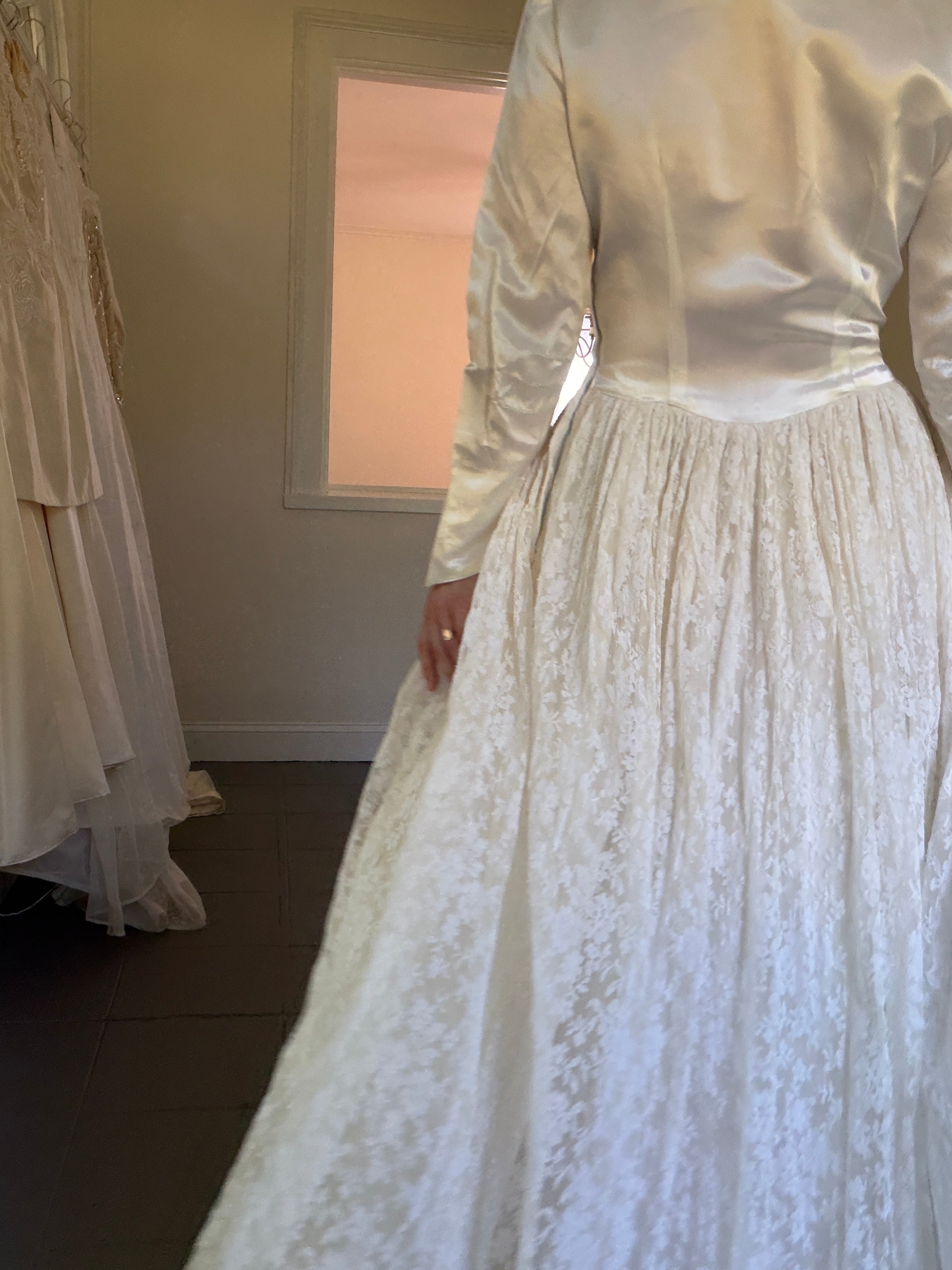 Vintage 40s Handmade Satin Wedding Gown With Lace Overskirt
