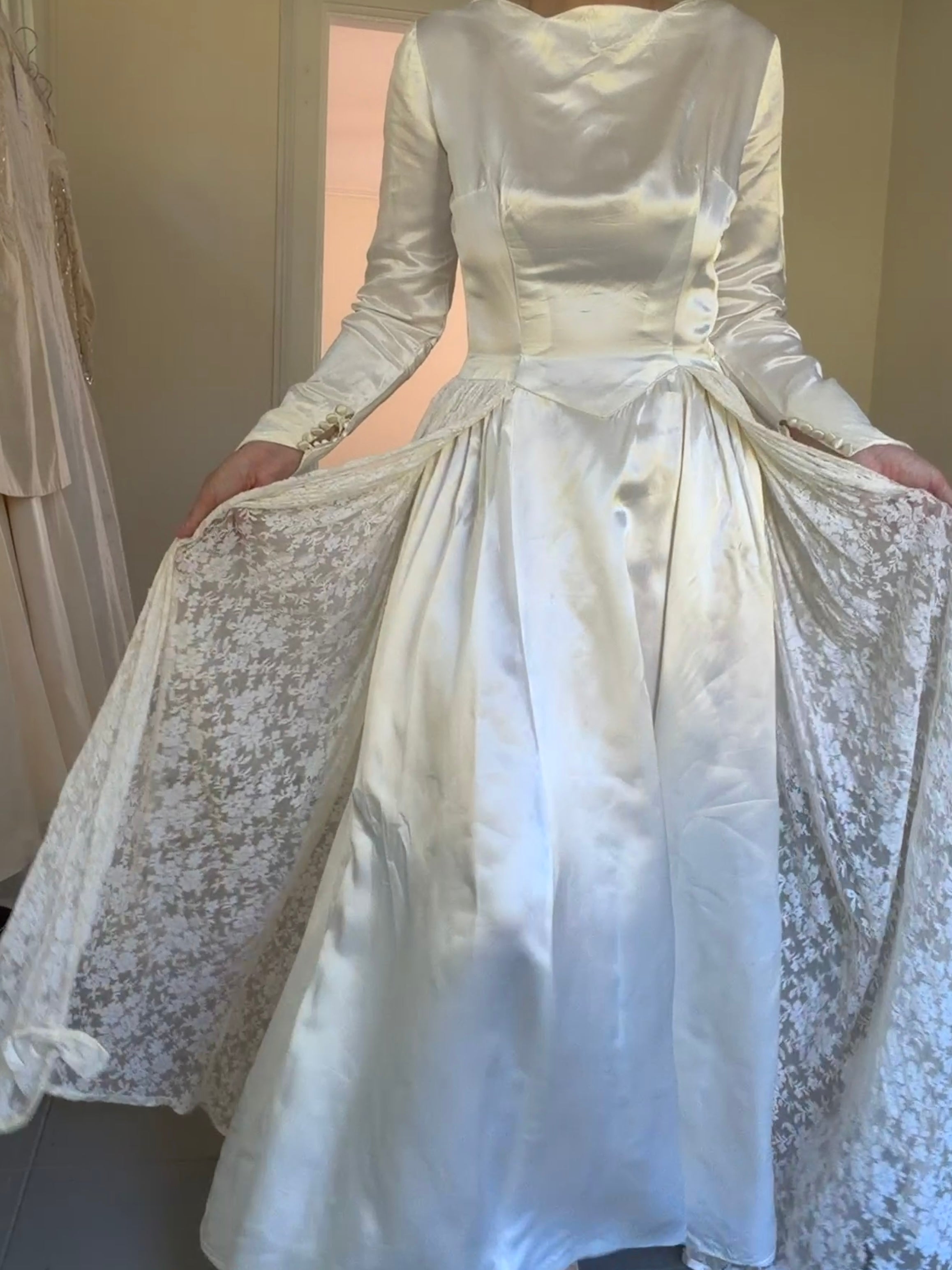 Vintage 40s Handmade Satin Wedding Gown With Lace Overskirt