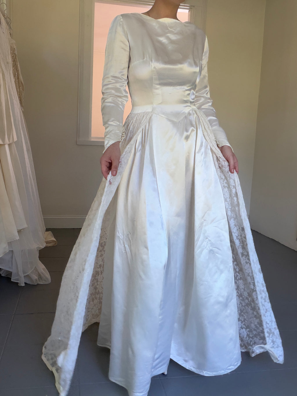 Vintage 40s Handmade Satin Wedding Gown With Lace Overskirt