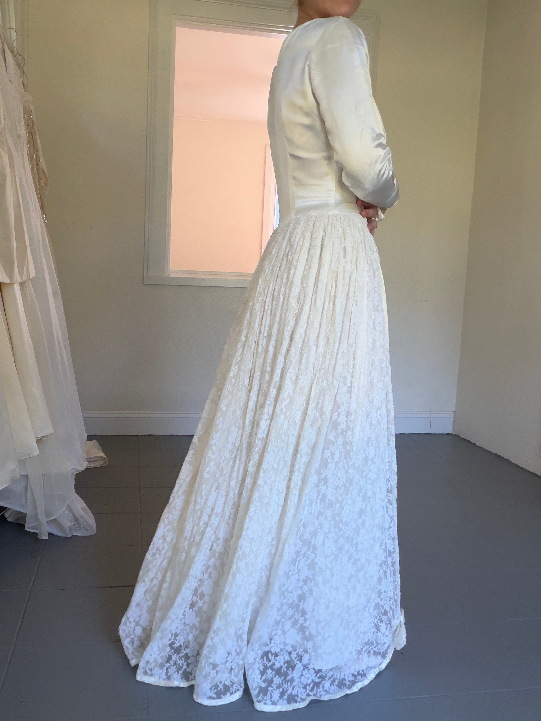 Vintage 40s Handmade Satin Wedding Gown With Lace Overskirt