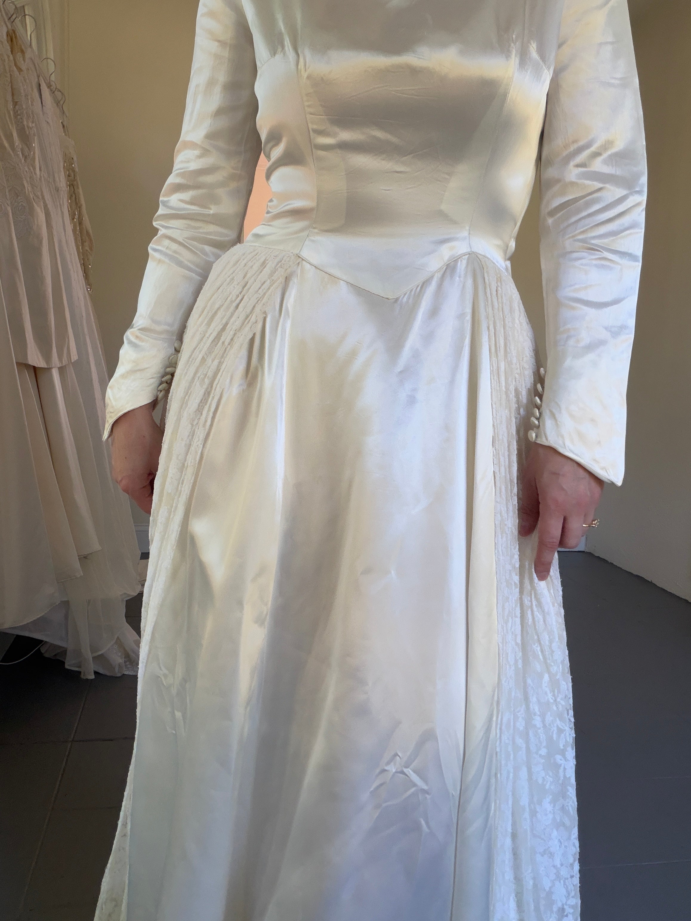 Vintage 40s Handmade Satin Wedding Gown With Lace Overskirt