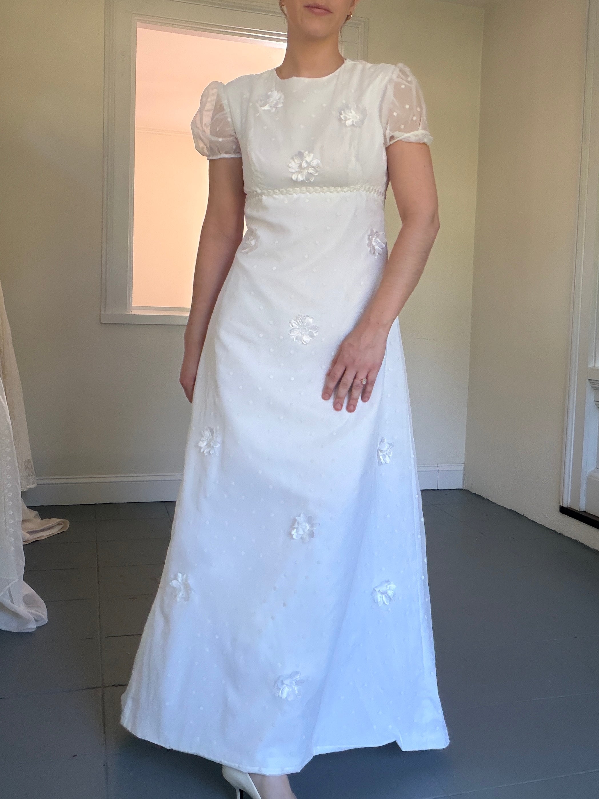 Vintage 70s Empire Waist Wedding Dress With Floral Appliqué