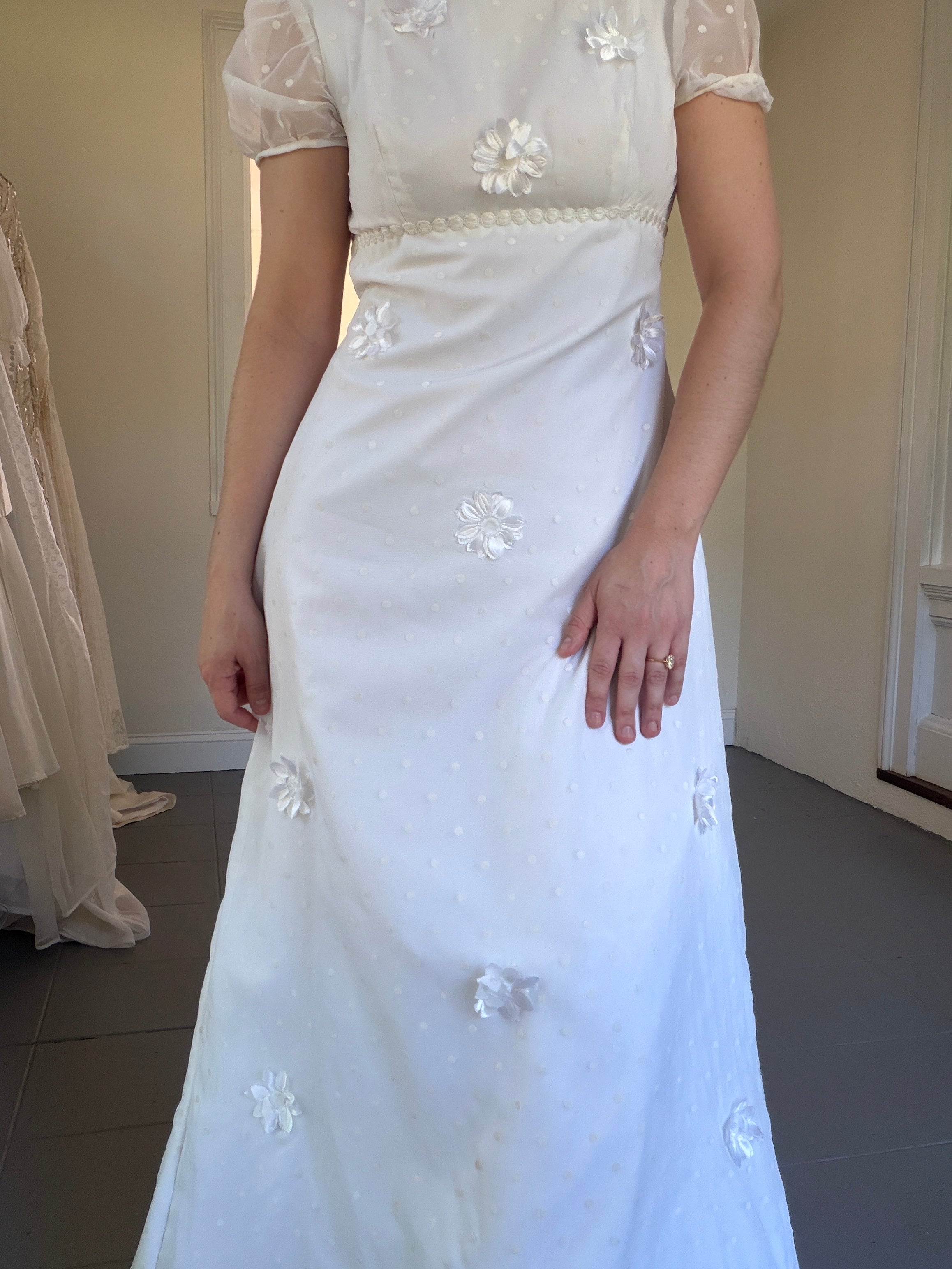 Vintage 70s Empire Waist Wedding Dress With Floral Appliqué