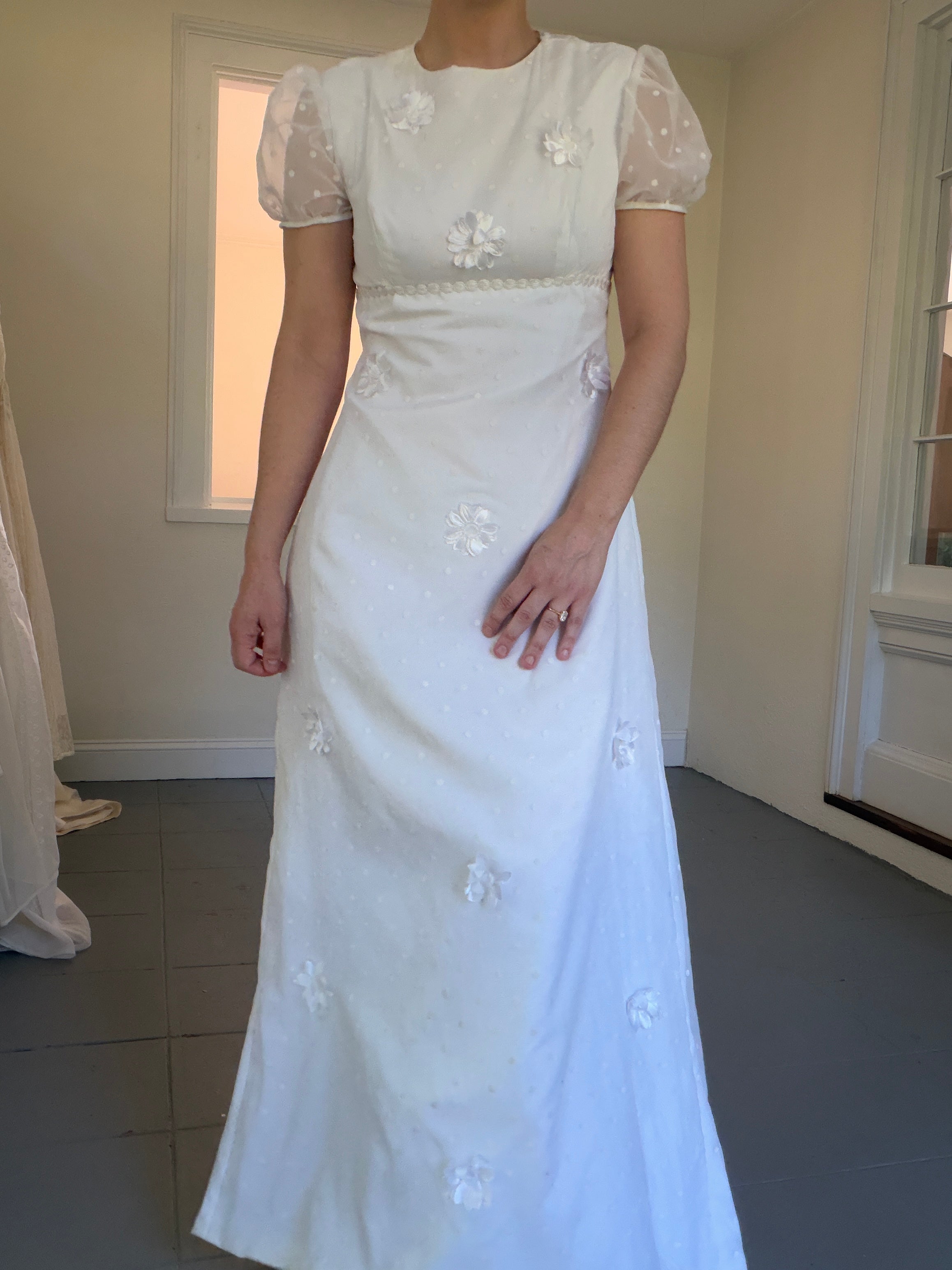Vintage 70s Empire Waist Wedding Dress With Floral Appliqué
