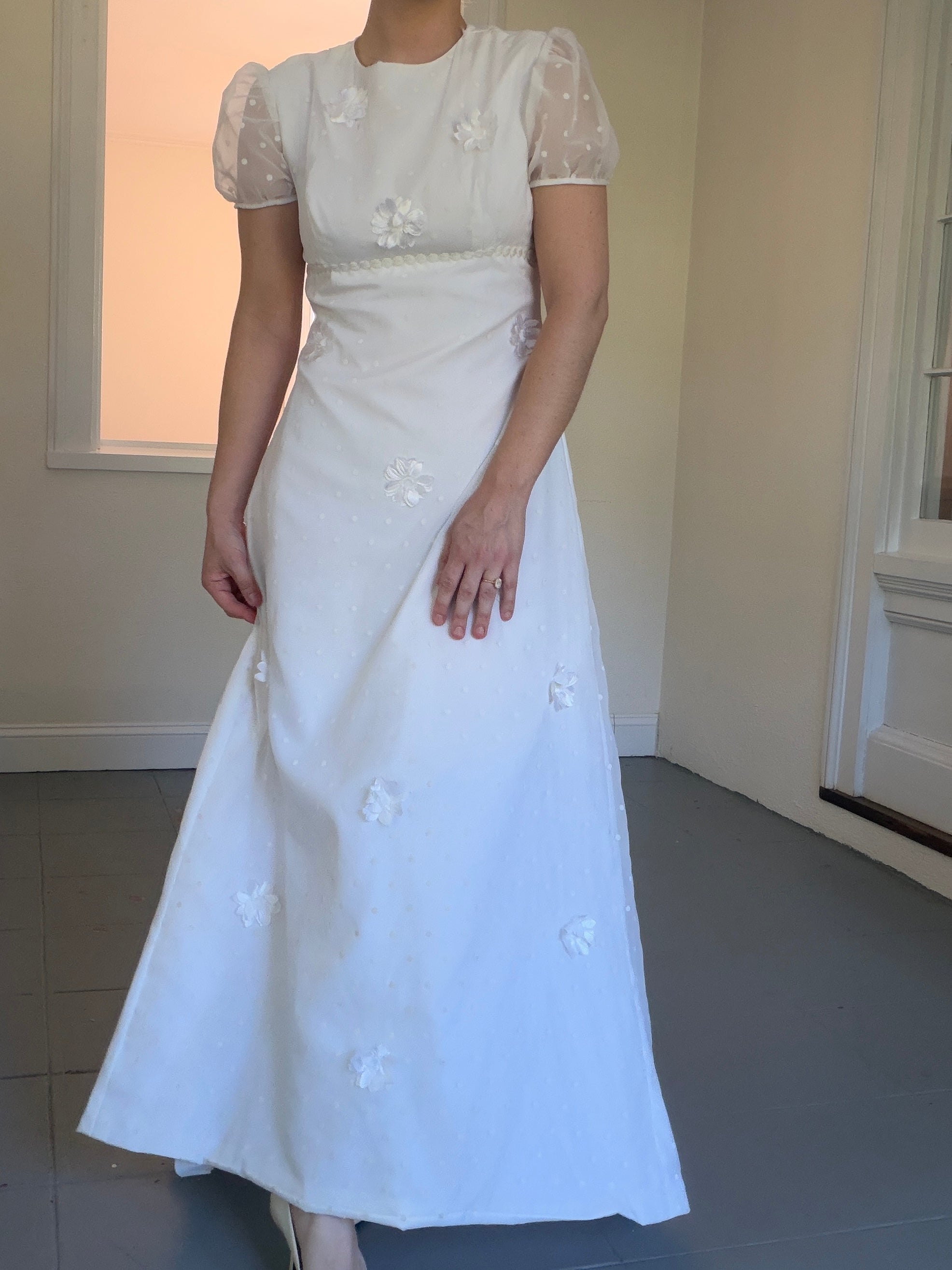 Vintage 70s Empire Waist Wedding Dress With Floral Appliqué