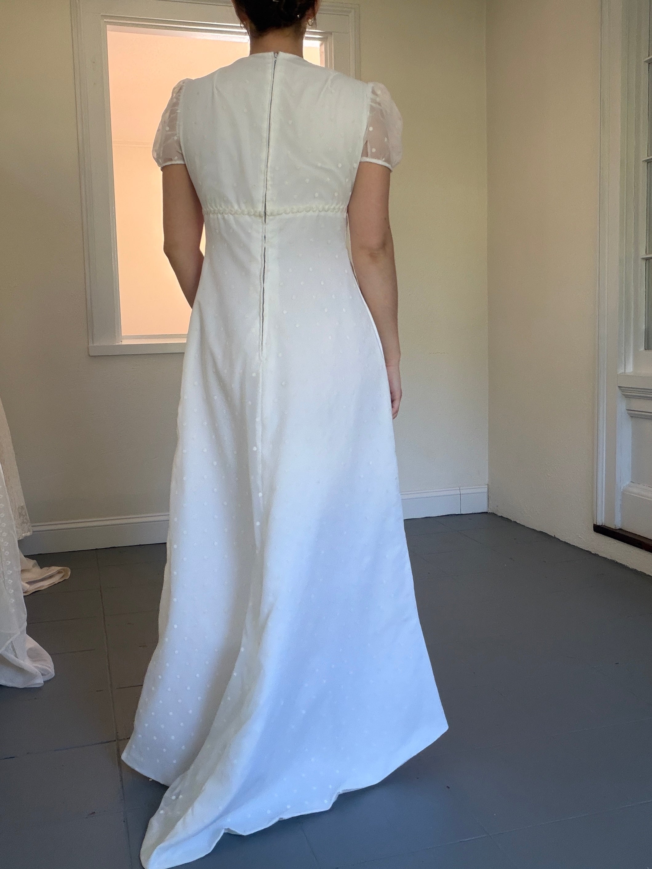 Vintage 70s Empire Waist Wedding Dress With Floral Appliqué